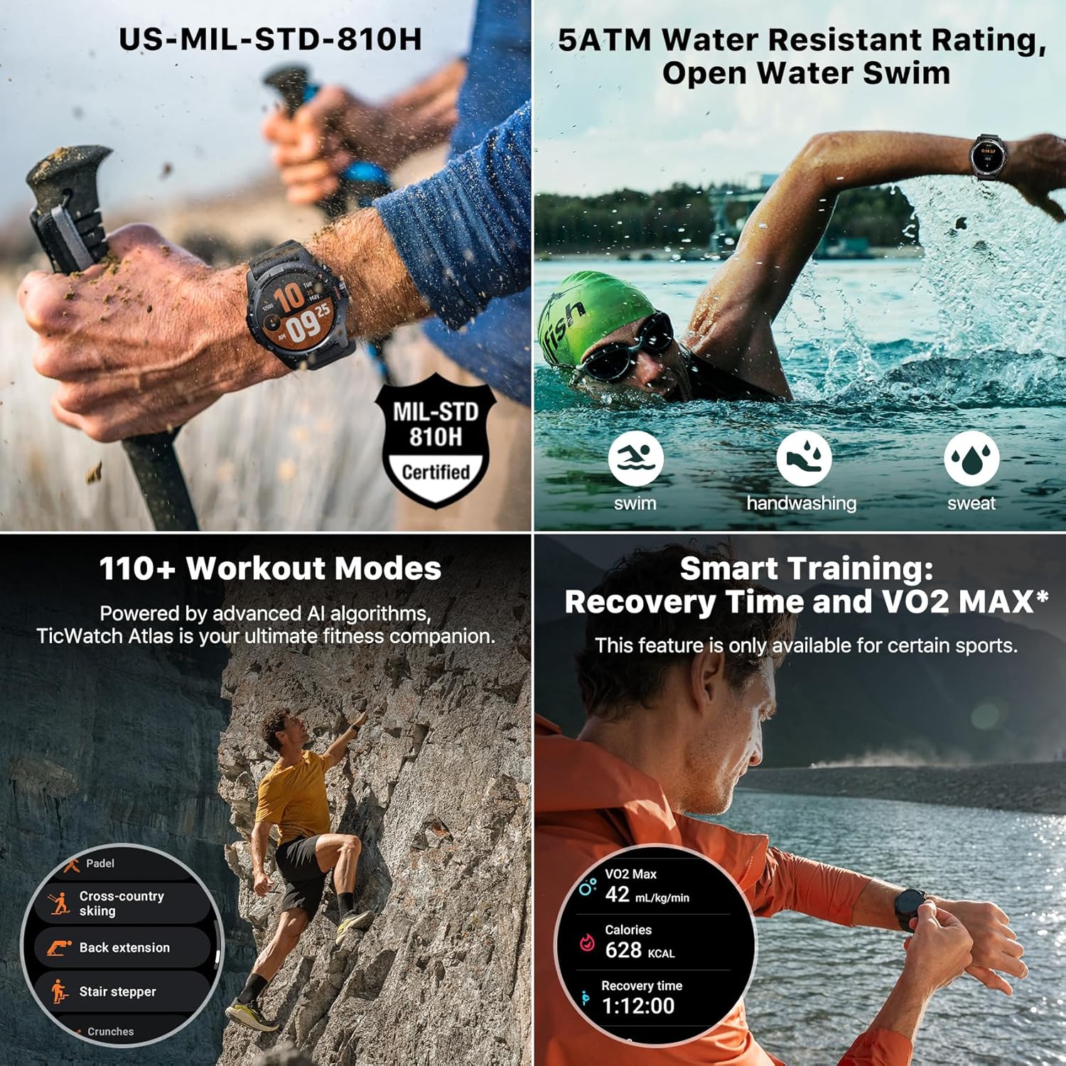 TicWatch Atlas Smartwatch for Men Android Wear OS Smart Watch Outdoor 90 Hrs Battery 110+ Workout Modes Heat Map Health Fitness Tracker 5ATM GPS -