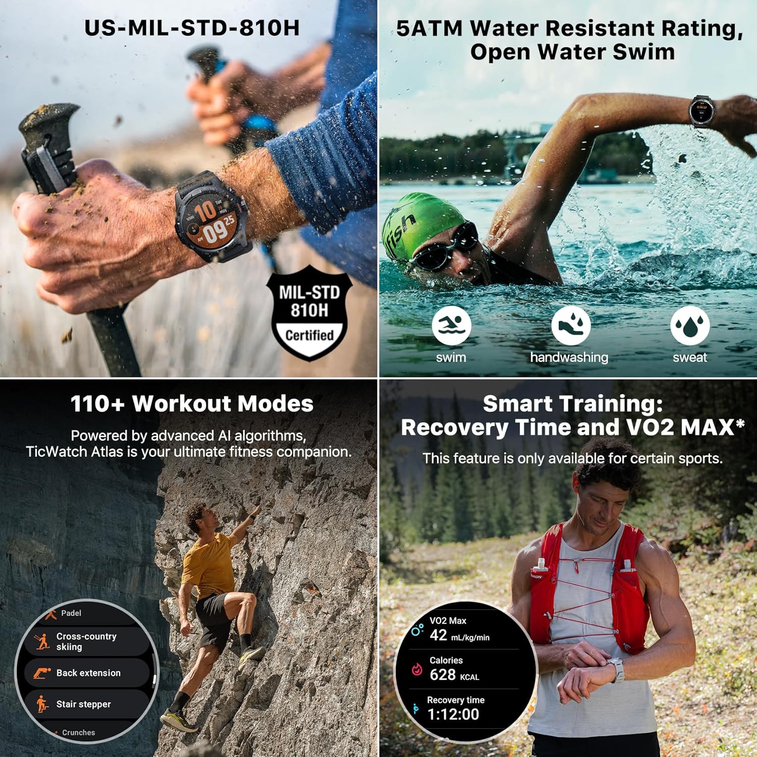 TicWatch Atlas Smartwatch for Men Android Wear OS Smart Watch Outdoor 90 Hrs Battery 110+ Workout Modes Heat Map Fall Detection Health Fitness