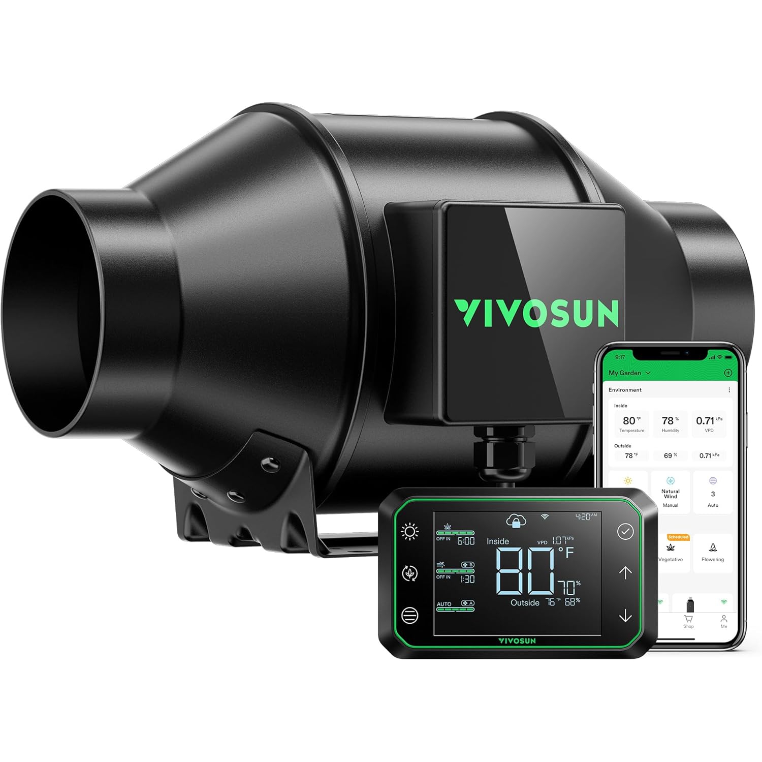 VIVOSUN AeroZesh G4 Inline Duct Fan, Quiet 4" 195 CFM Ventilation Exhaust Fan w/EC Motor and GrowHub E42A Temperature Humidity WiFi-Controller for