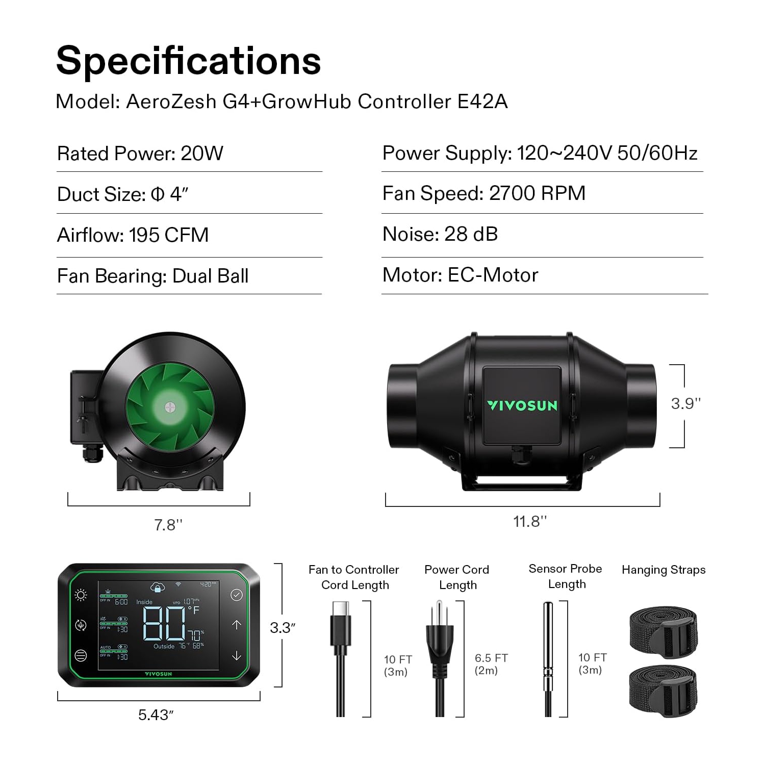 VIVOSUN AeroZesh G4 Inline Duct Fan, Quiet 4" 195 CFM Ventilation Exhaust Fan w/EC Motor and GrowHub E42A Temperature Humidity WiFi-Controller for
