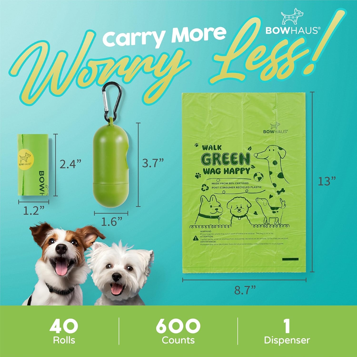 Sacs pour chiens extra épais de 9 x 13&nbsp;po de CAPHAUS avec distributeur, rouleaux de rechange faciles à ouvrir pour sacs pour animaux, 600 unités