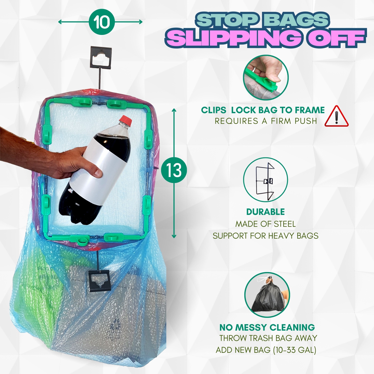 BagEZ Small Hanging Steel Trash Bag Holder, 10 x 13 Inch, Fits 10–33 Gallon Bags, Portable Frame for Indoor & Outdoor Waste and Storage