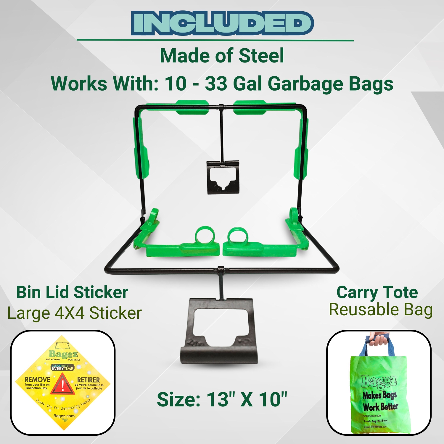 BagEZ Small Hanging Steel Trash Bag Holder, 10 x 13 Inch, Fits 10–33 Gallon Bags, Portable Frame for Indoor & Outdoor Waste and Storage