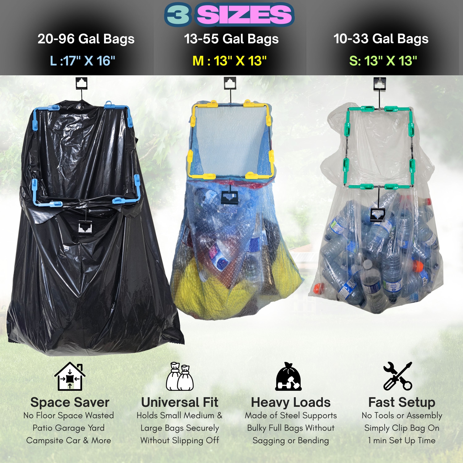 BagEZ Small Hanging Steel Trash Bag Holder, 10 x 13 Inch, Fits 10–33 Gallon Bags, Portable Frame for Indoor & Outdoor Waste and Storage