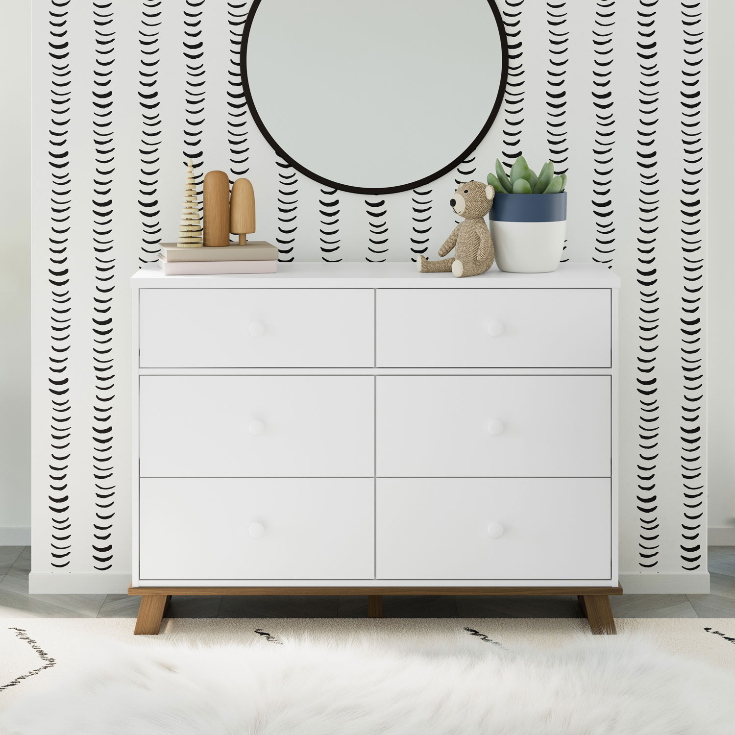 Commode moderne à 6 tiroirs pour enfants de Storkcraft - Blanc avec bois flotté rétro