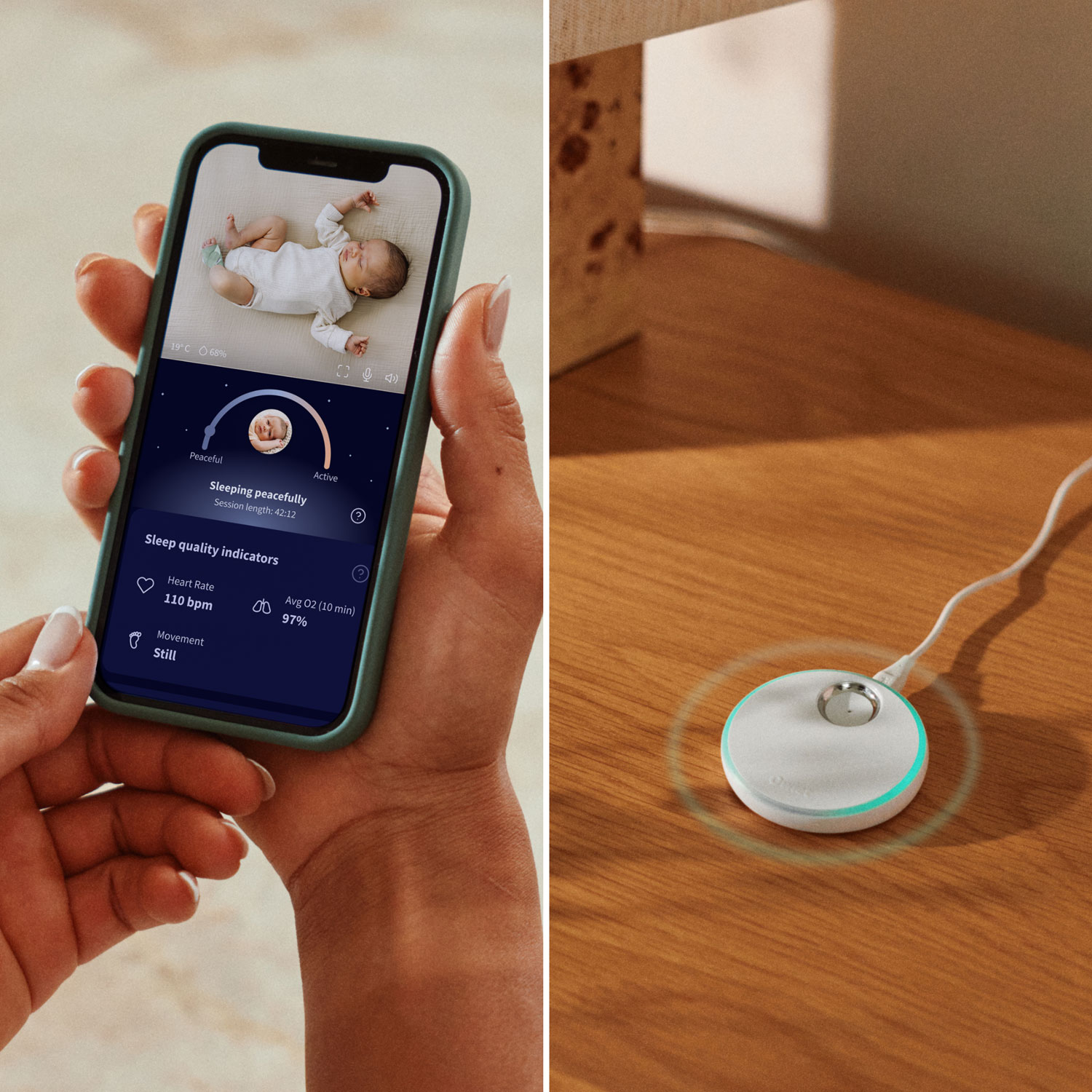 Ensemble Dream Duo d'Owlet avec interphone de surveillance Dream Sock et caméra HD 2K Dream Sight - Menthe