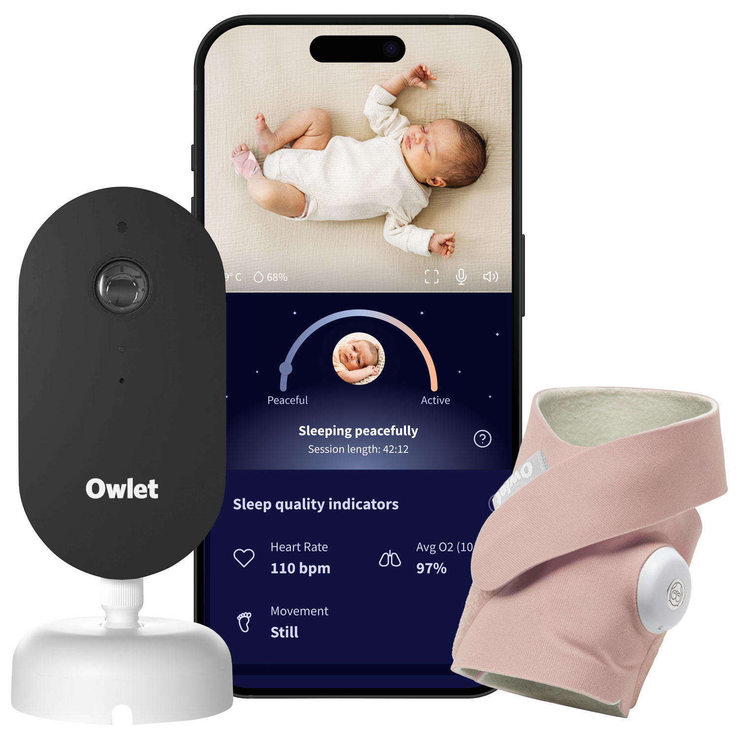 Ensemble Dream Duo d'Owlet avec interphone de surveillance Dream Sock et caméra HD 2K Dream Sight - Vieux rose