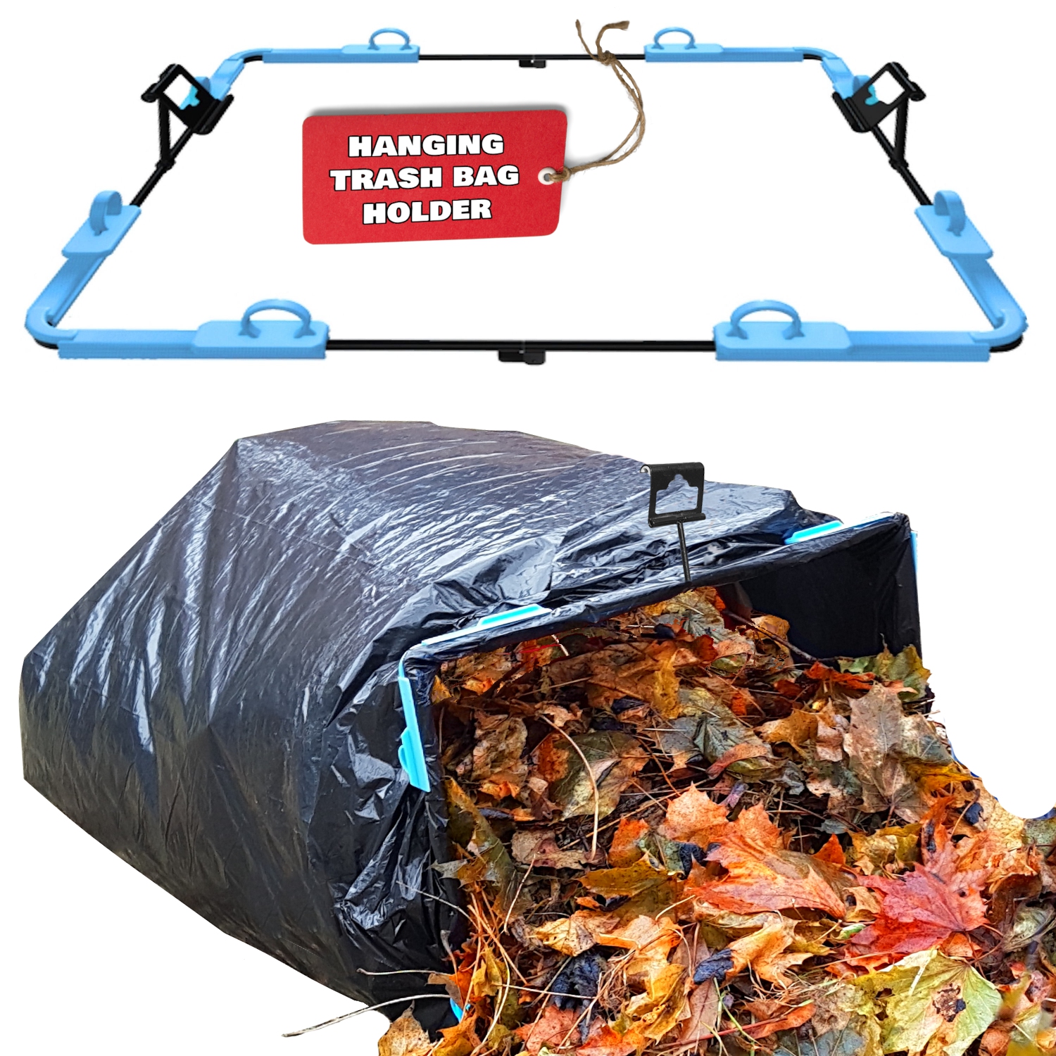 BagEZ Large Hanging Steel Garbage Bag Holder, 16 x 17 Inch, Fits 20–96 Gallon Bags, Portable Frame for Waste, Yard Work, and Storage