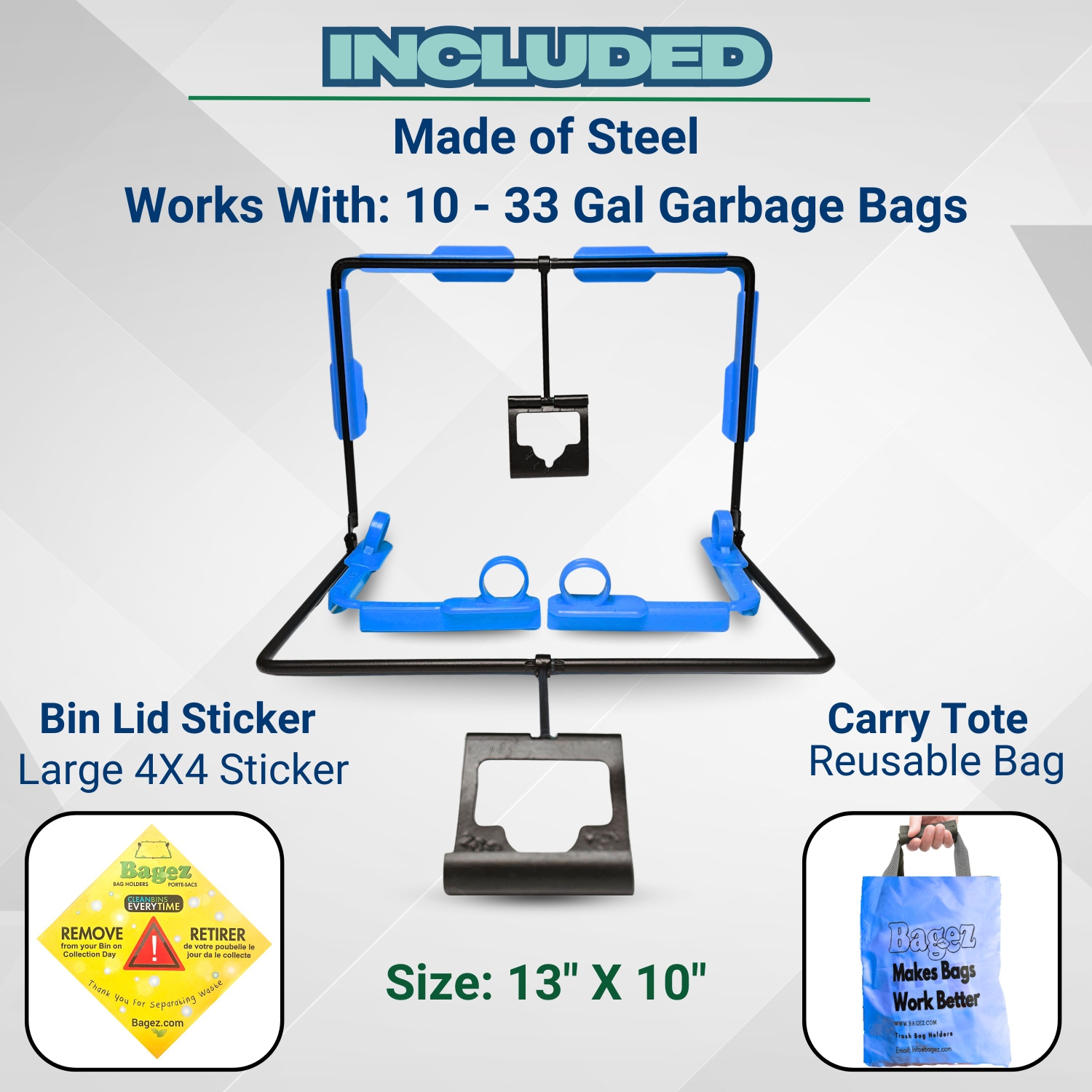 BagEZ Large Hanging Steel Garbage Bag Holder, 16 x 17 Inch, Fits 20–96 Gallon Bags, Portable Frame for Waste, Yard Work, and Storage
