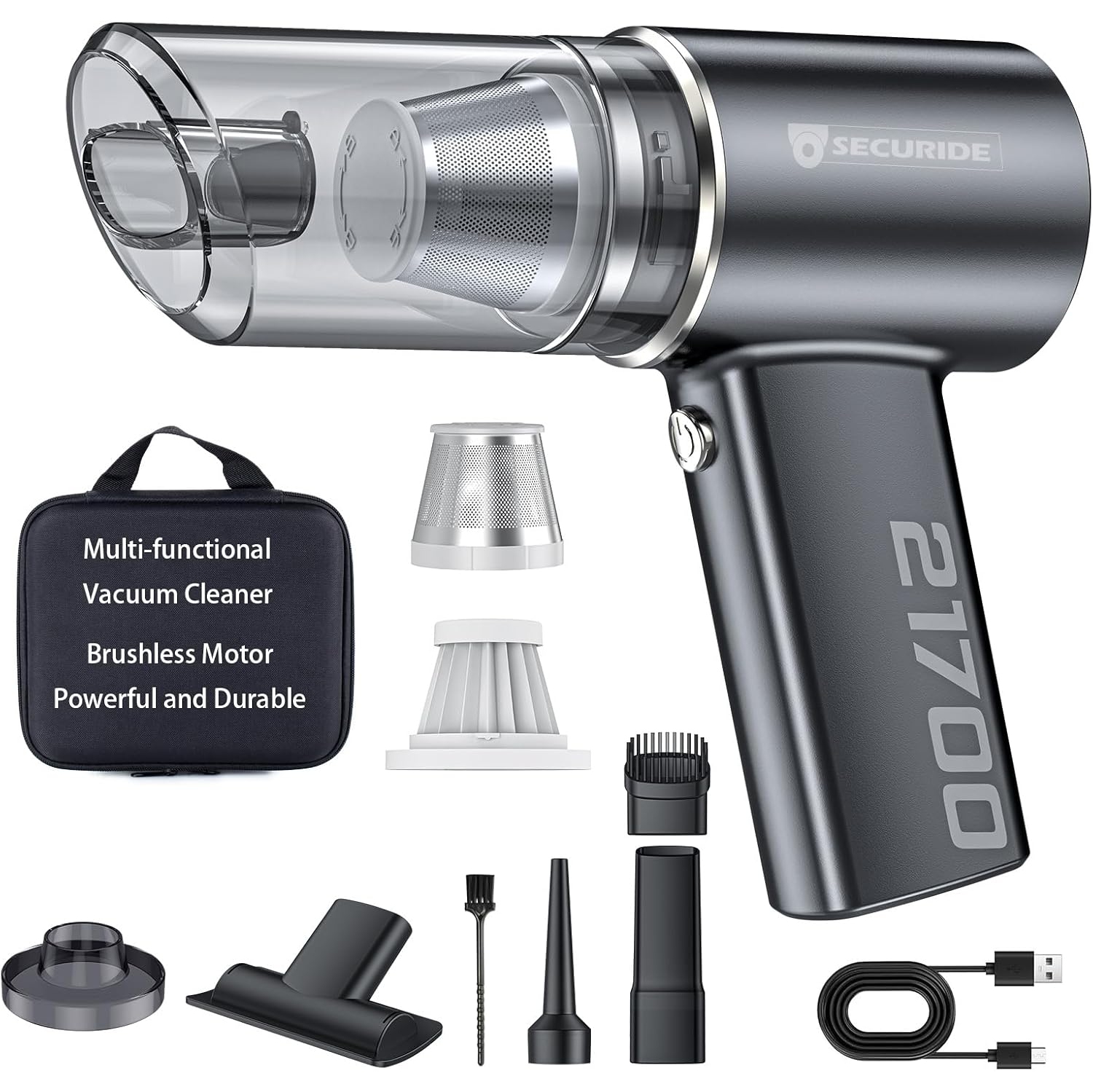 SECURIDE Aspirateur de voiture sans fil Portable avec moteur sans balais, puissance d'aspiration de 16000 Pa, plumeau à air comprimé 3-en-1 et