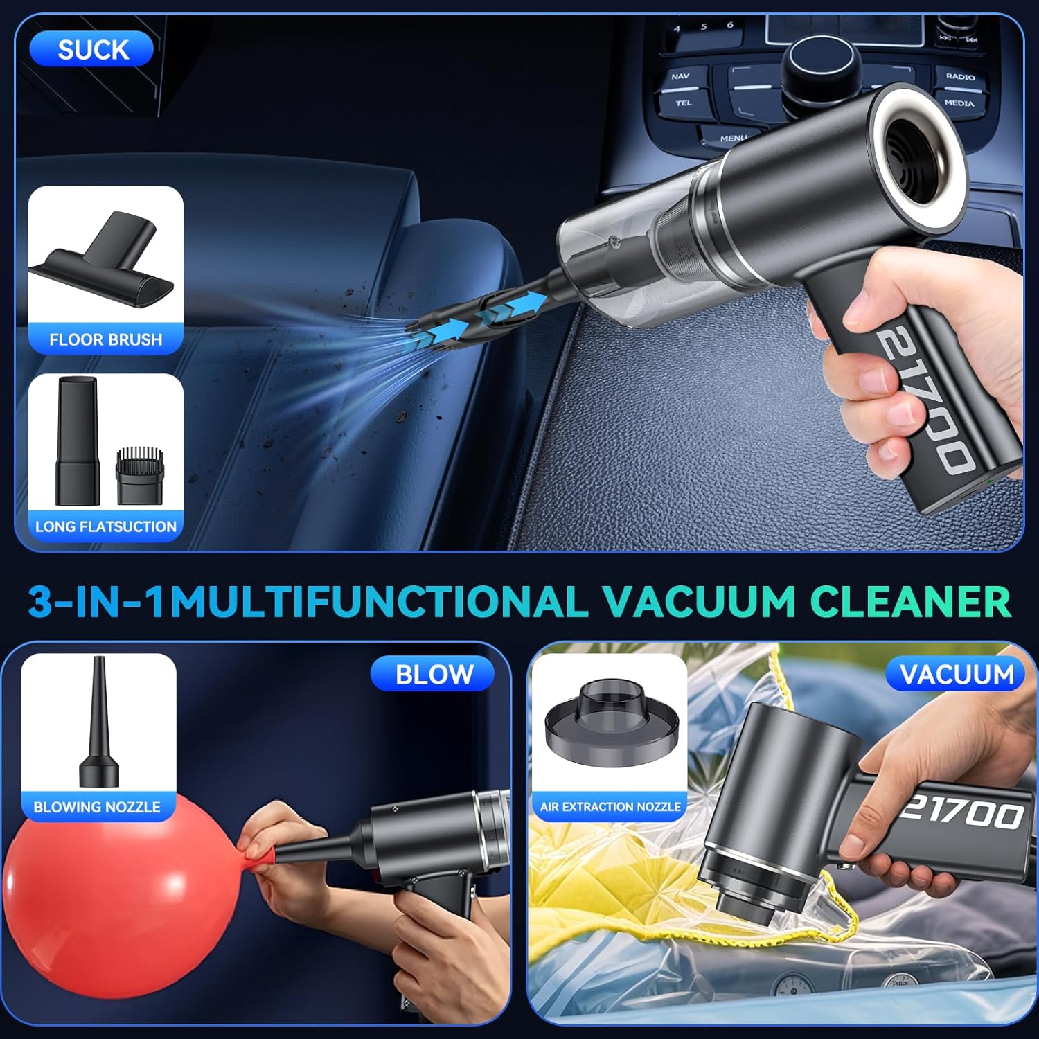 SECURIDE Aspirateur de voiture sans fil Portable avec moteur sans balais, puissance d'aspiration de 16000 Pa, plumeau à air comprimé 3-en-1 et