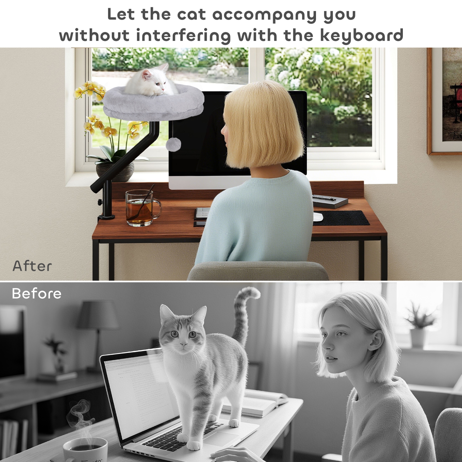 PawHut – Lit de bureau pour chat, lit de chat pivotant à 360° à hauteur réglable pour bureau à domicile, hamac pelucheux lavable en forme de chatons