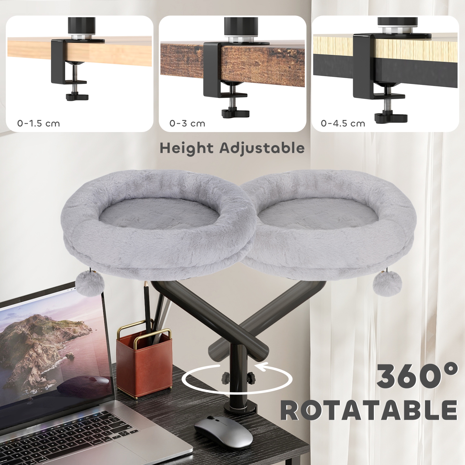 PawHut – Lit de bureau pour chat, lit de chat pivotant à 360° à hauteur réglable pour bureau à domicile, hamac pelucheux lavable en forme de chatons