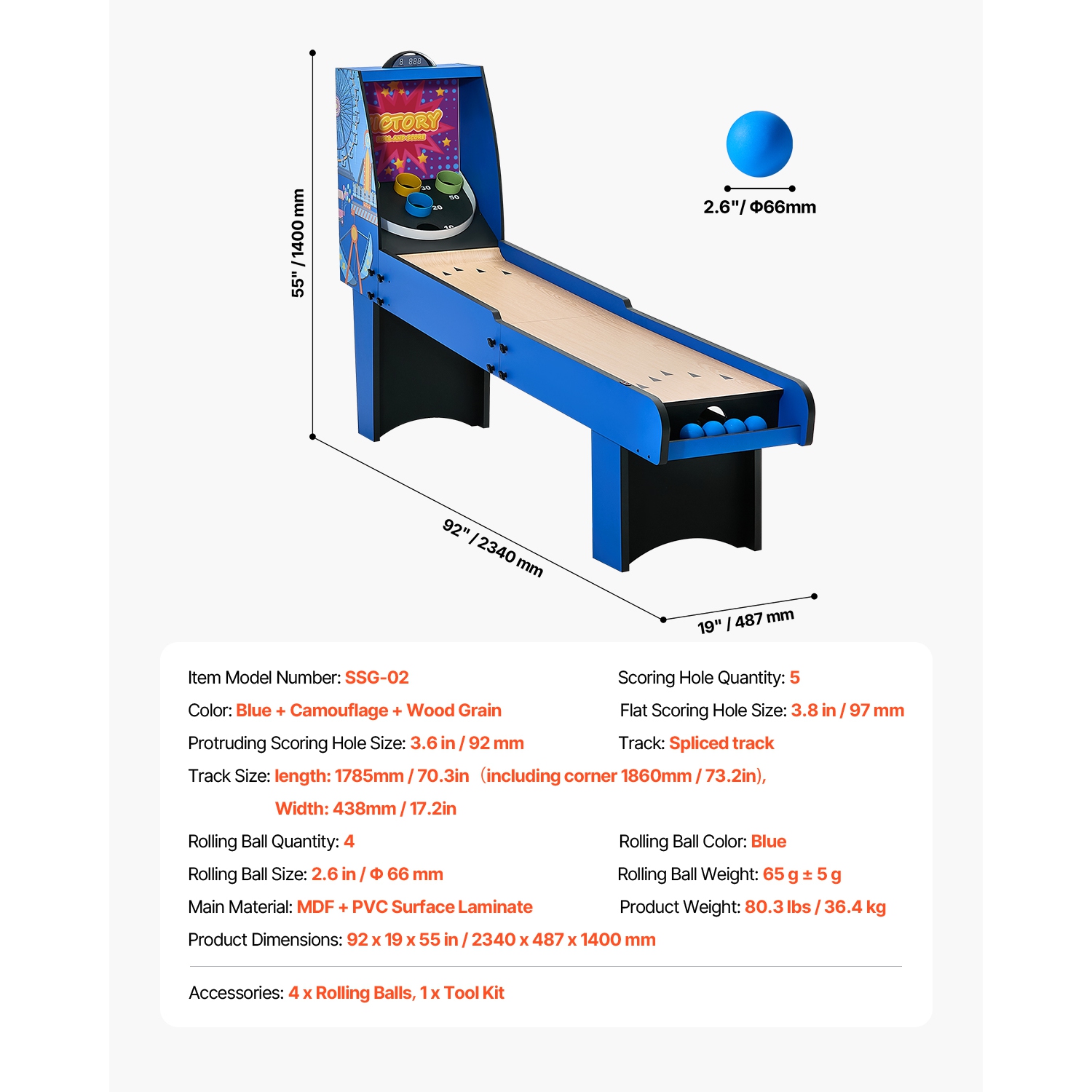 VEVOR&nbsp;8'&nbsp;Roll&nbsp;and&nbsp;Score&nbsp;Classic&nbsp;Arcade&nbsp;Game&nbsp;Table,&nbsp;Arcade