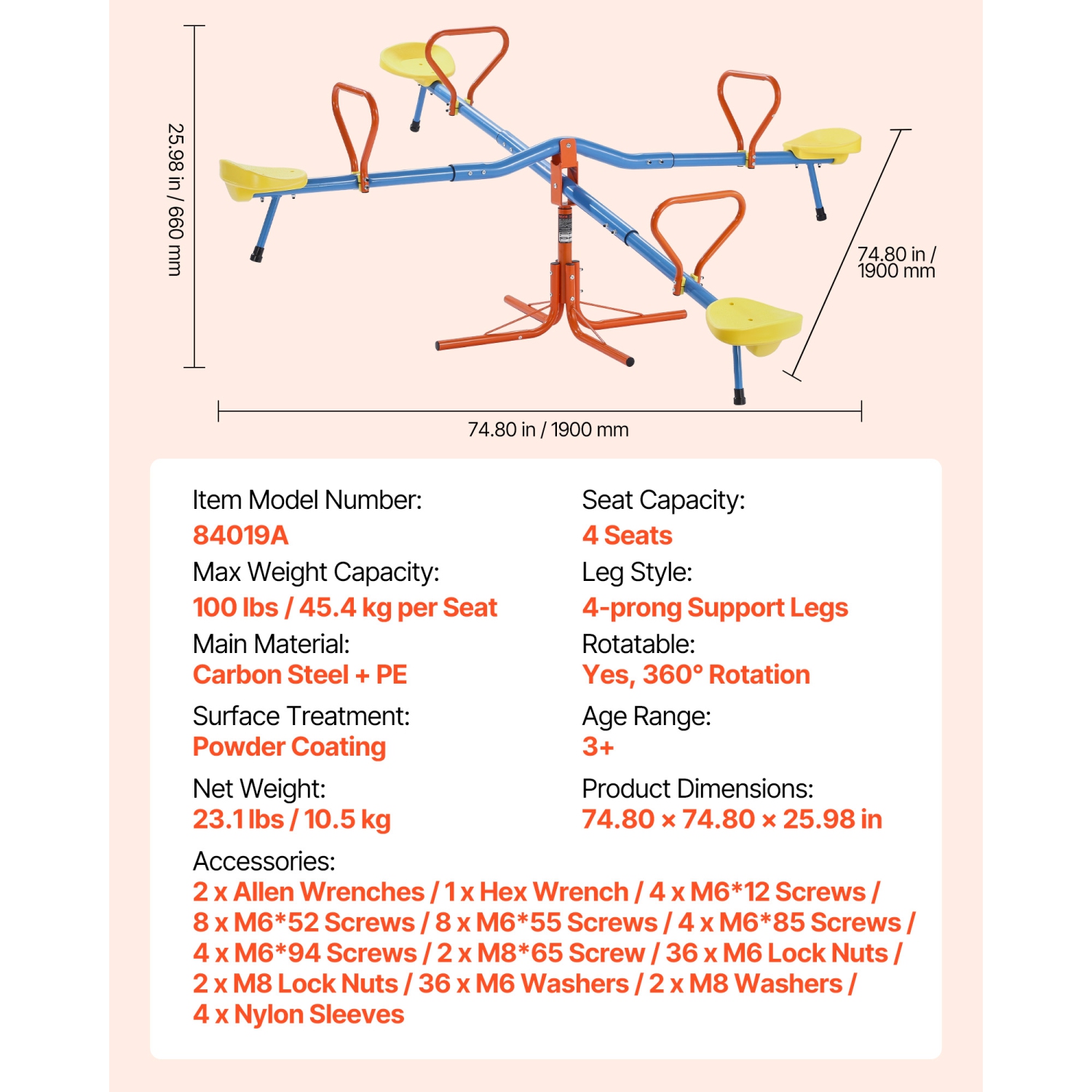 4 sièges berceuse pour enfants, capacité de charge 110&nbsp;lb par siège, siège berçant pivotant et assis avec pattes de soutien à 4 broches, pivot à