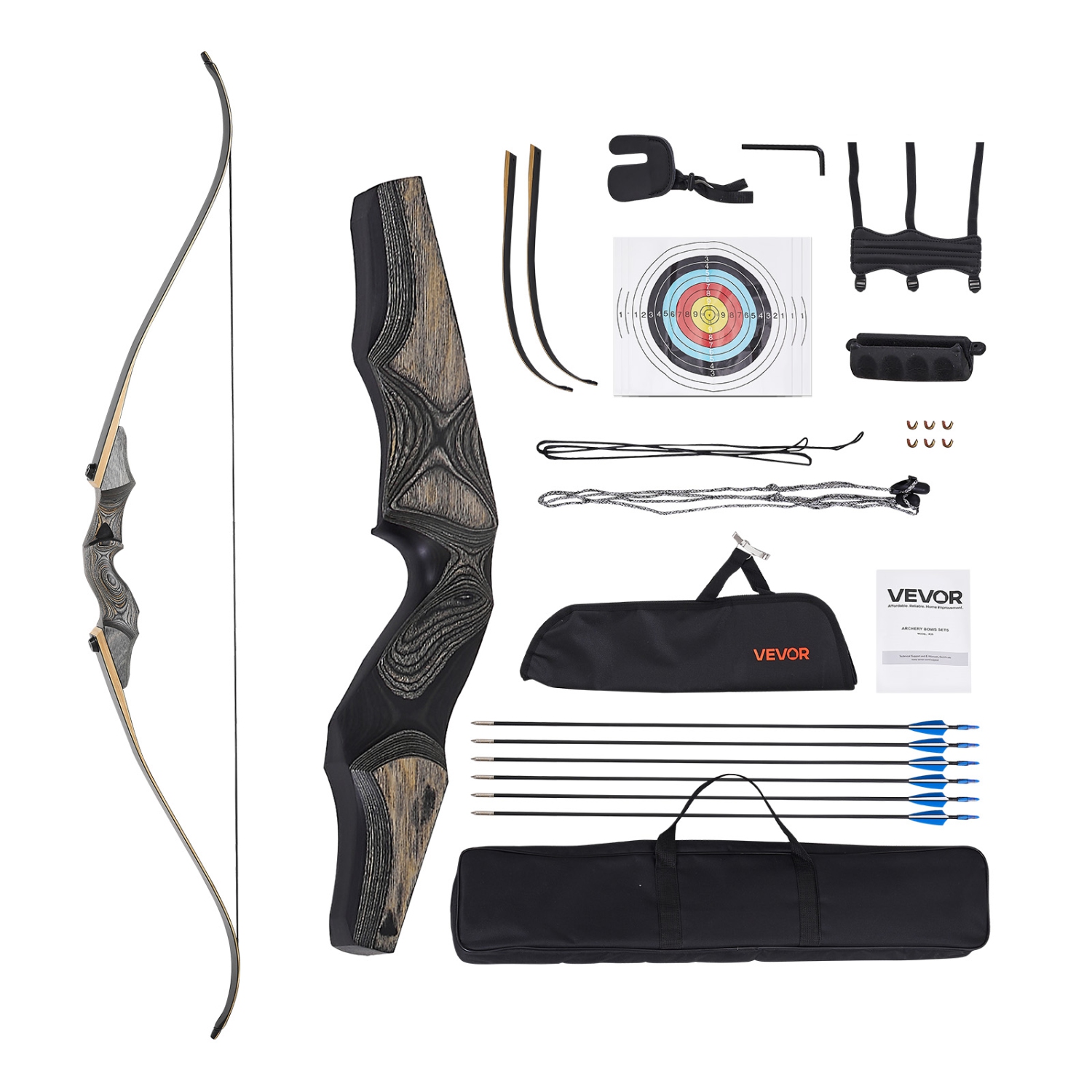VEVOR 60 inch 45 lbs Recurve Bow and Arrows Kit, Wooden Takedown Bows, Right Handed Ergonomic Archery Recurve Bow Package, Longbow for Outdoor Target