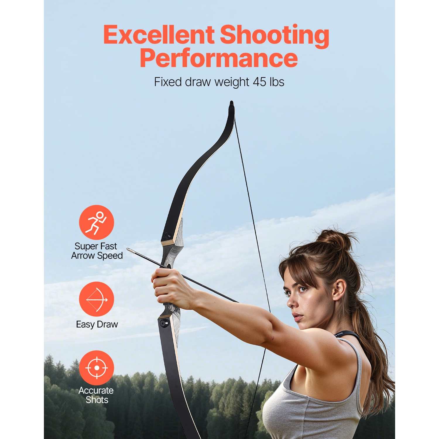 VEVOR 60 inch 45 lbs Recurve Bow and Arrows Kit, Wooden Takedown Bows, Right Handed Ergonomic Archery Recurve Bow Package, Longbow for Outdoor Target
