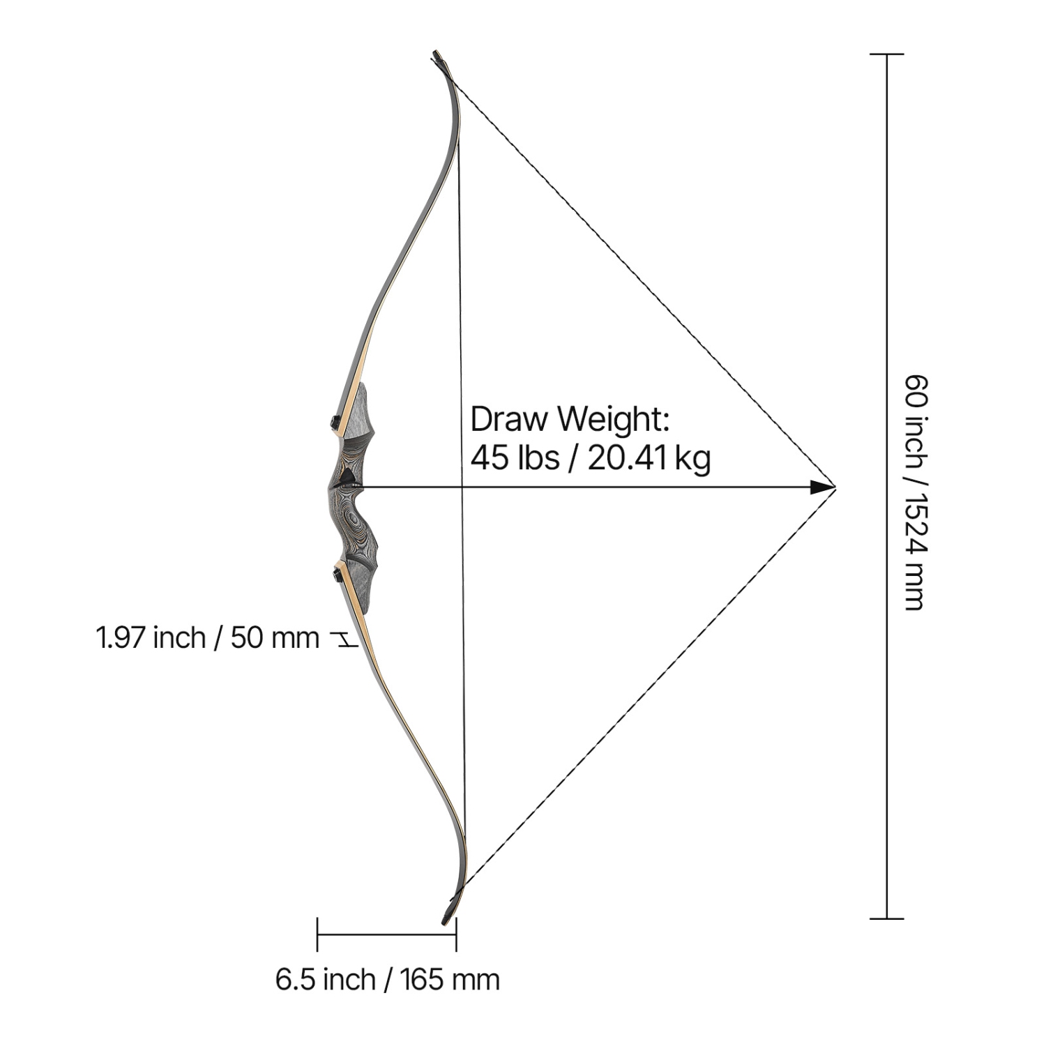 VEVOR 60 inch 45 lbs Recurve Bow and Arrows Kit, Wooden Takedown Bows, Right Handed Ergonomic Archery Recurve Bow Package, Longbow for Outdoor Target