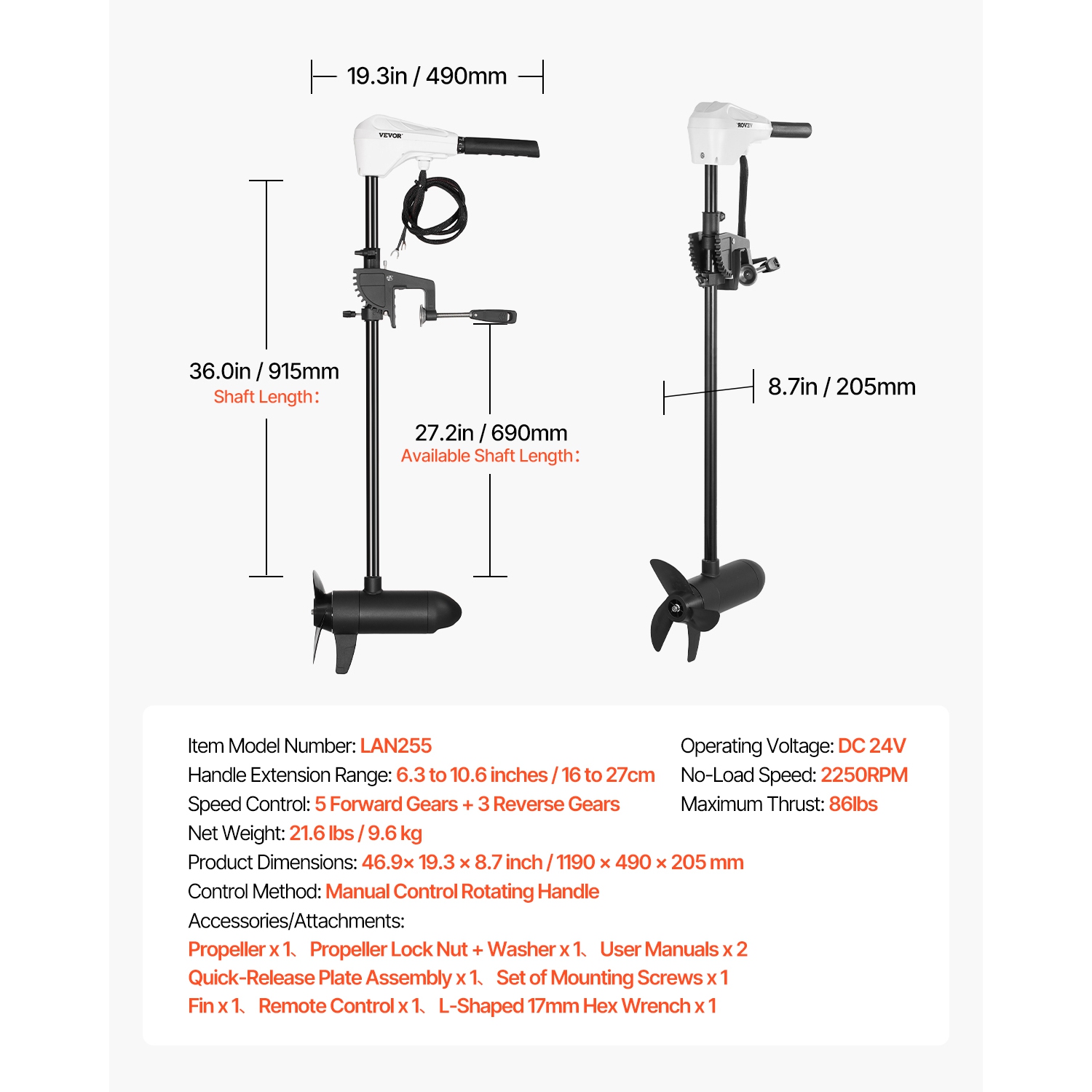 VEVOR 36-In Shaft Electric Trolling Motor, Transom Mounted Outboard Boat Motors 24V 86lbs Thrust, 8-Speed Electric Boat Engine w/ Battery Indicator,