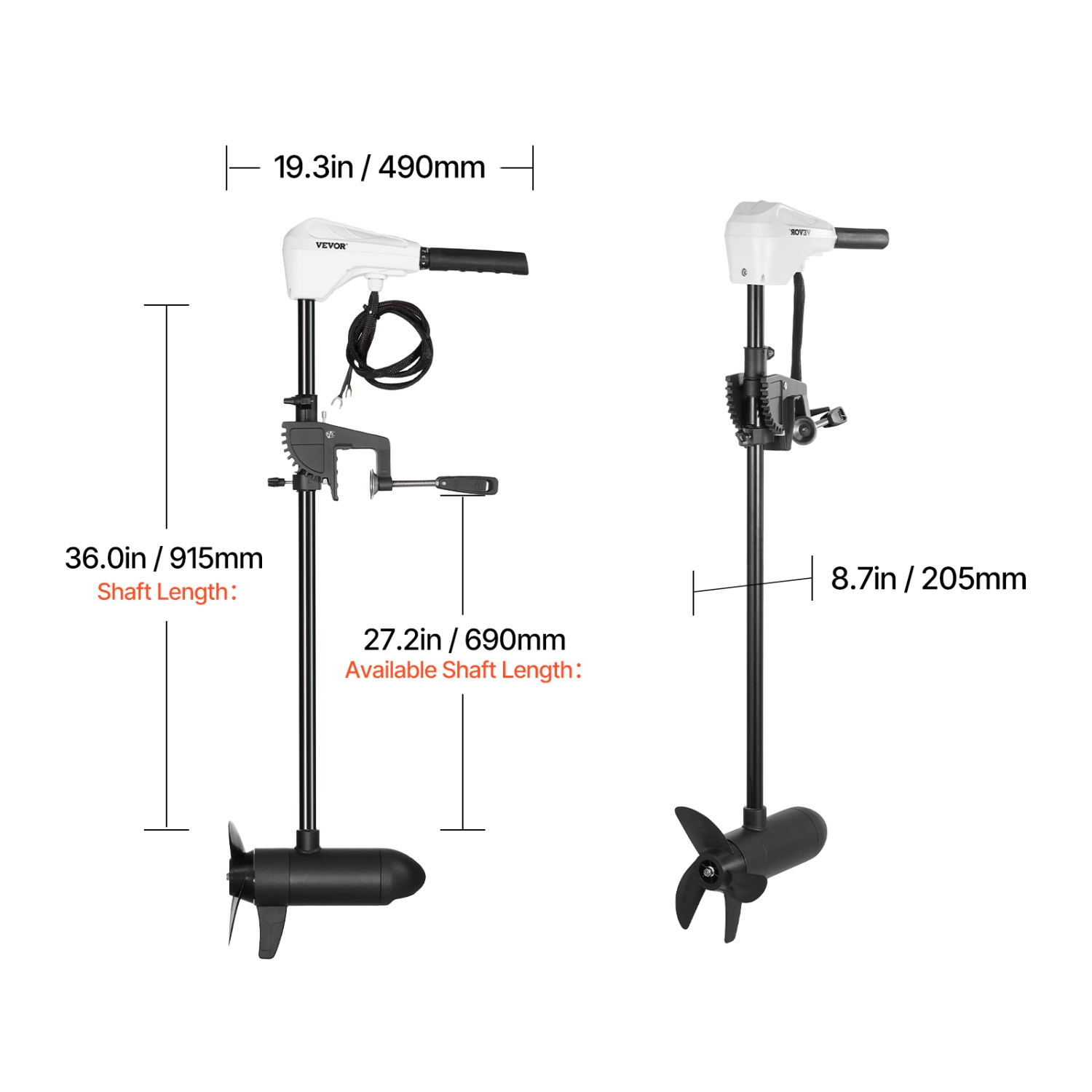 VEVOR 36-In Shaft Electric Trolling Motor, Transom Mounted Outboard Boat Motors 24V 86lbs Thrust, 8-Speed Electric Boat Engine w/ Battery Indicator,