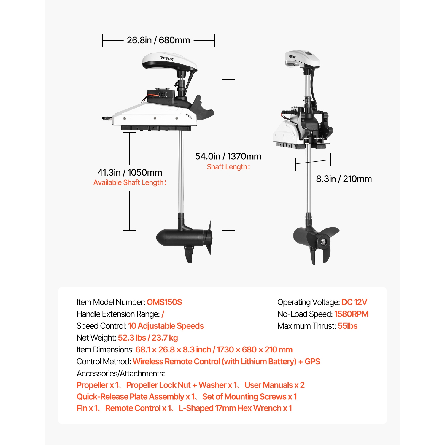 VEVOR 12V 55lbs Electric Trolling Motor, Thrust with GPS, 10-Speed Bow Mounted Saltwater Outboard Boat Motor with Remote Control & LCD Battery