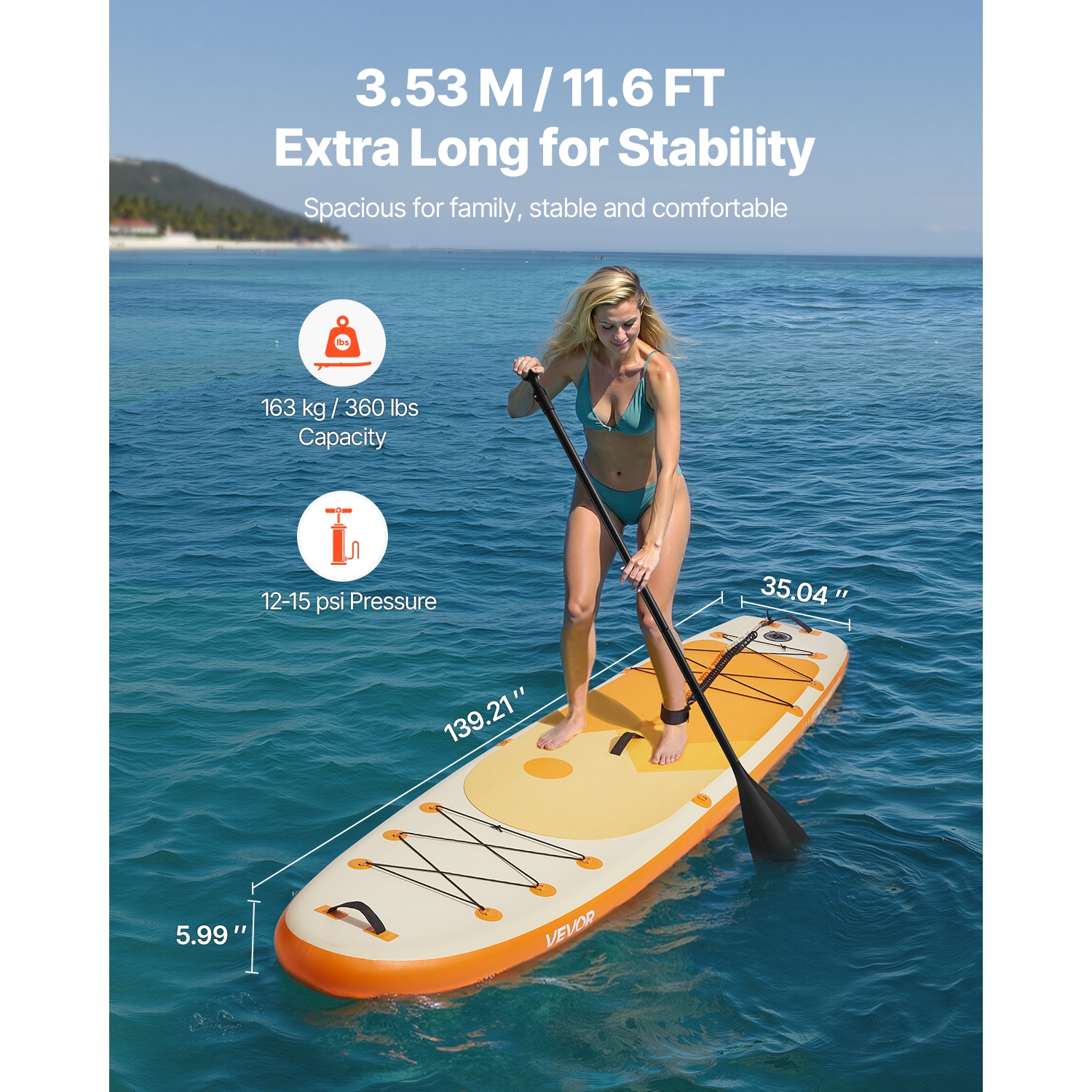VEVOR 11.6' x 35" x 6" Wide Inflatable Stand Up Paddle Board, Ultra-Light SUP Paddleboard, All Accessories Included, Pump, Paddle, Fin, Backpack,