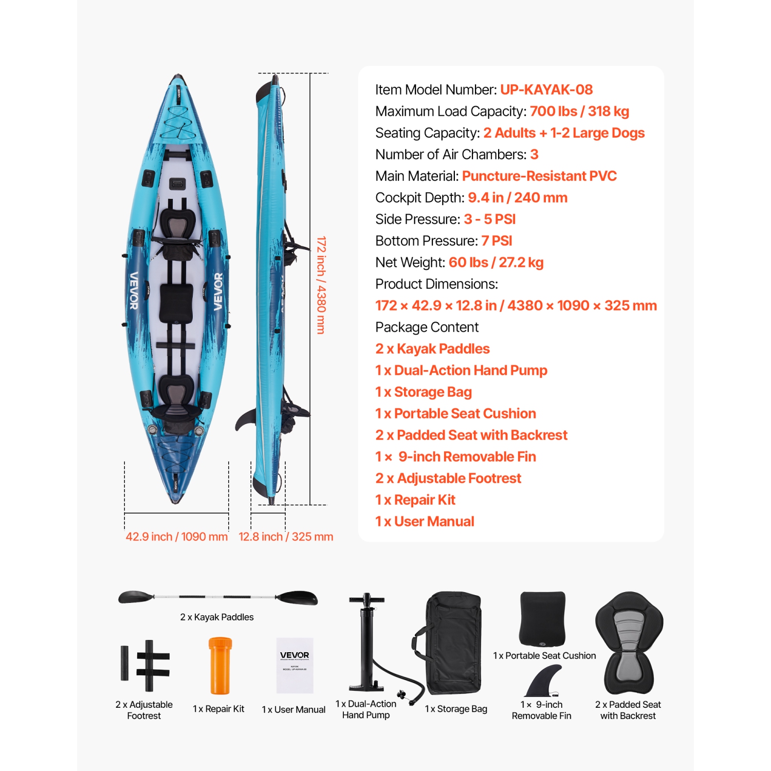 VEVOR 2-Person Inflatable Kayak, Inflatable Recreational Kayak 700LBS Capacity, Leak & Puncture-Resistant with Padded Seat, PVC Drop-Stitch Floor, 2