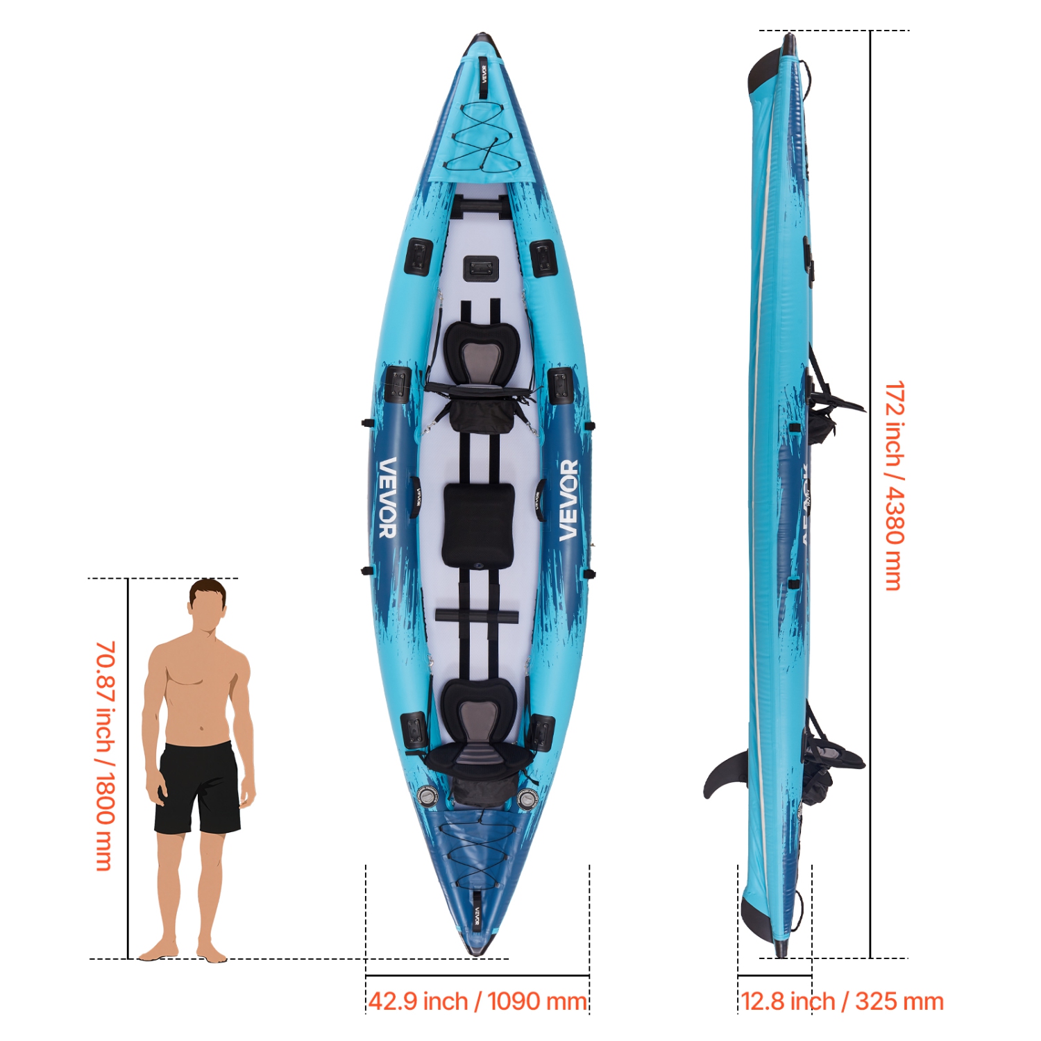 VEVOR 2-Person Inflatable Kayak, Inflatable Recreational Kayak 700LBS Capacity, Leak & Puncture-Resistant with Padded Seat, PVC Drop-Stitch Floor, 2