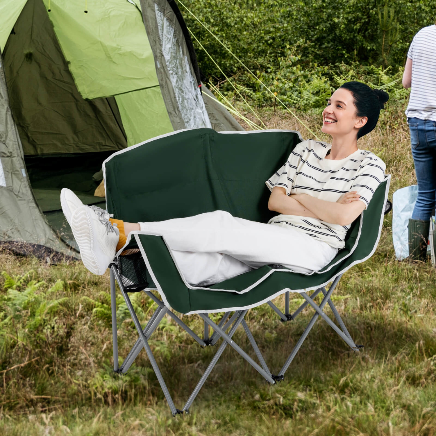 Costway Double Duo Camping Chair with Armrests Cup Holders Carry Bag Heavy Duty Lawn Chair