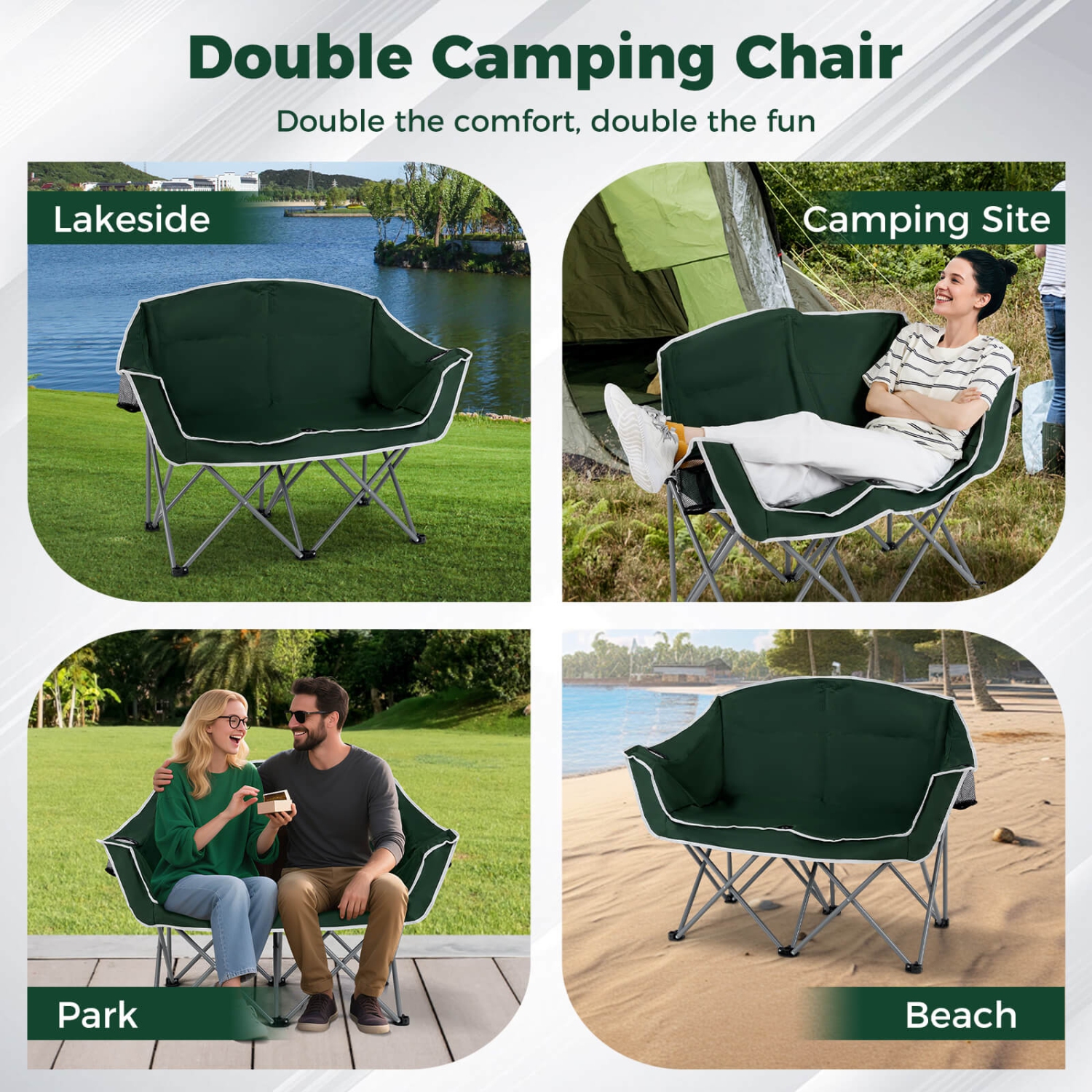 Costway Double Duo Camping Chair with Armrests Cup Holders Carry Bag Heavy Duty Lawn Chair