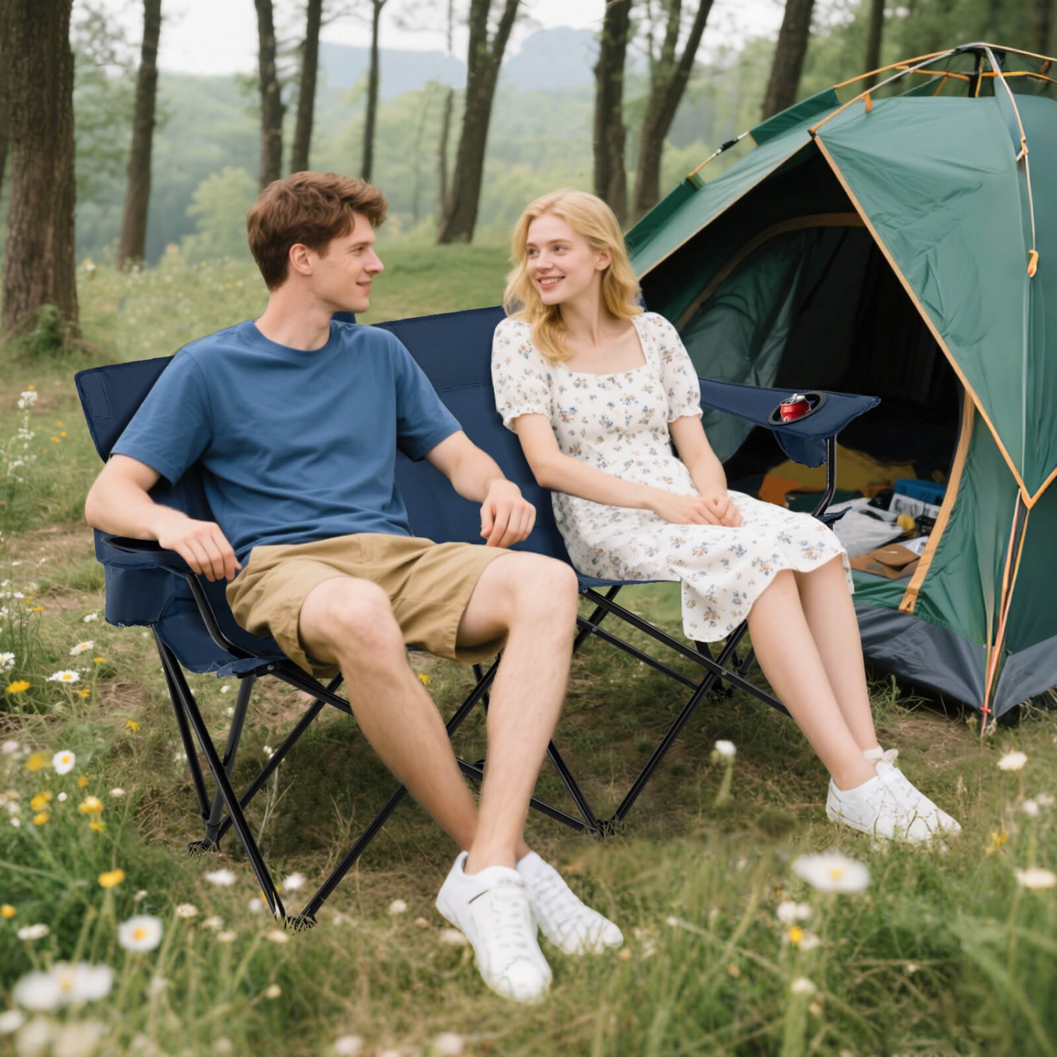 Causeuse pliante extérieure pour 2&nbsp;personnes avec porte-gobelets, accoudoir, sac de transport