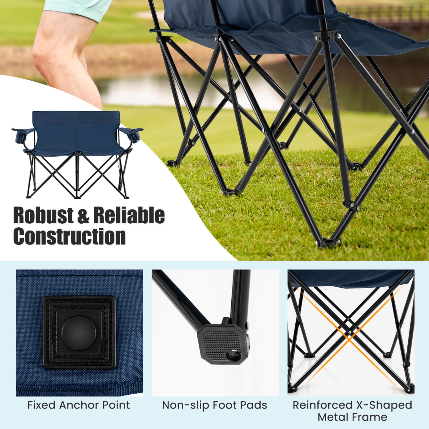 Causeuse pliante extérieure pour 2&nbsp;personnes avec porte-gobelets, accoudoir, sac de transport