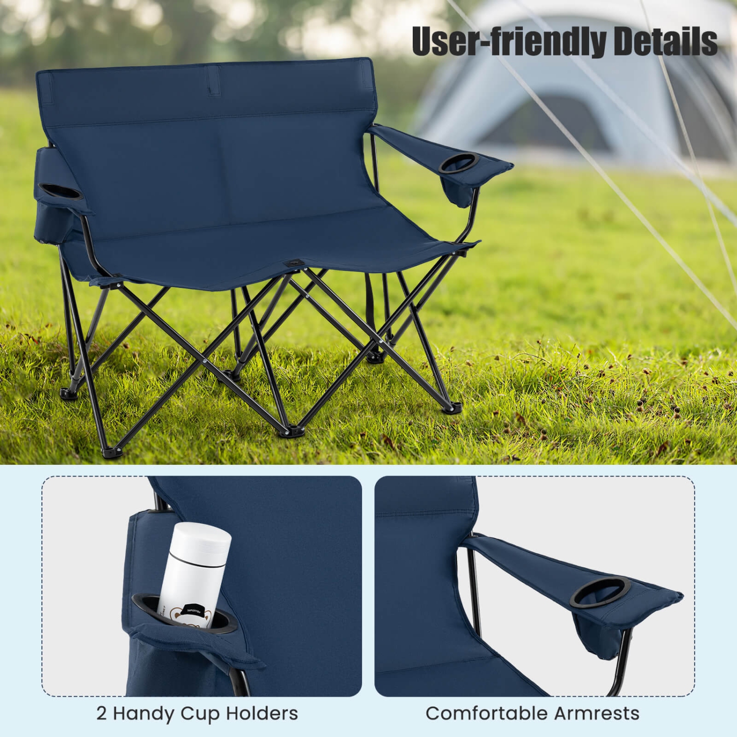 Causeuse pliante extérieure pour 2&nbsp;personnes avec porte-gobelets, accoudoir, sac de transport