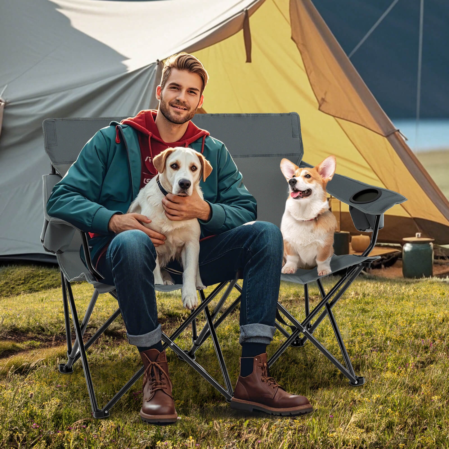 Causeuse pliante extérieure pour 2&nbsp;personnes avec porte-gobelets, accoudoir, sac de transport