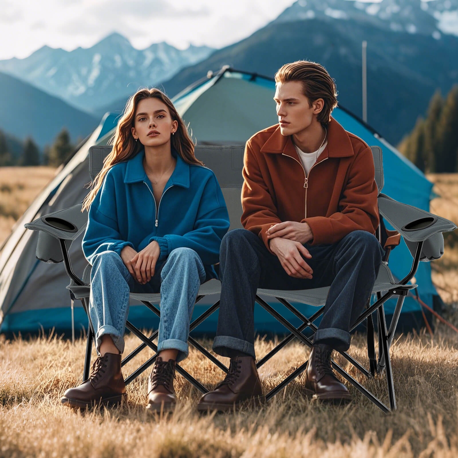 Causeuse pliante extérieure pour 2&nbsp;personnes avec porte-gobelets, accoudoir, sac de transport