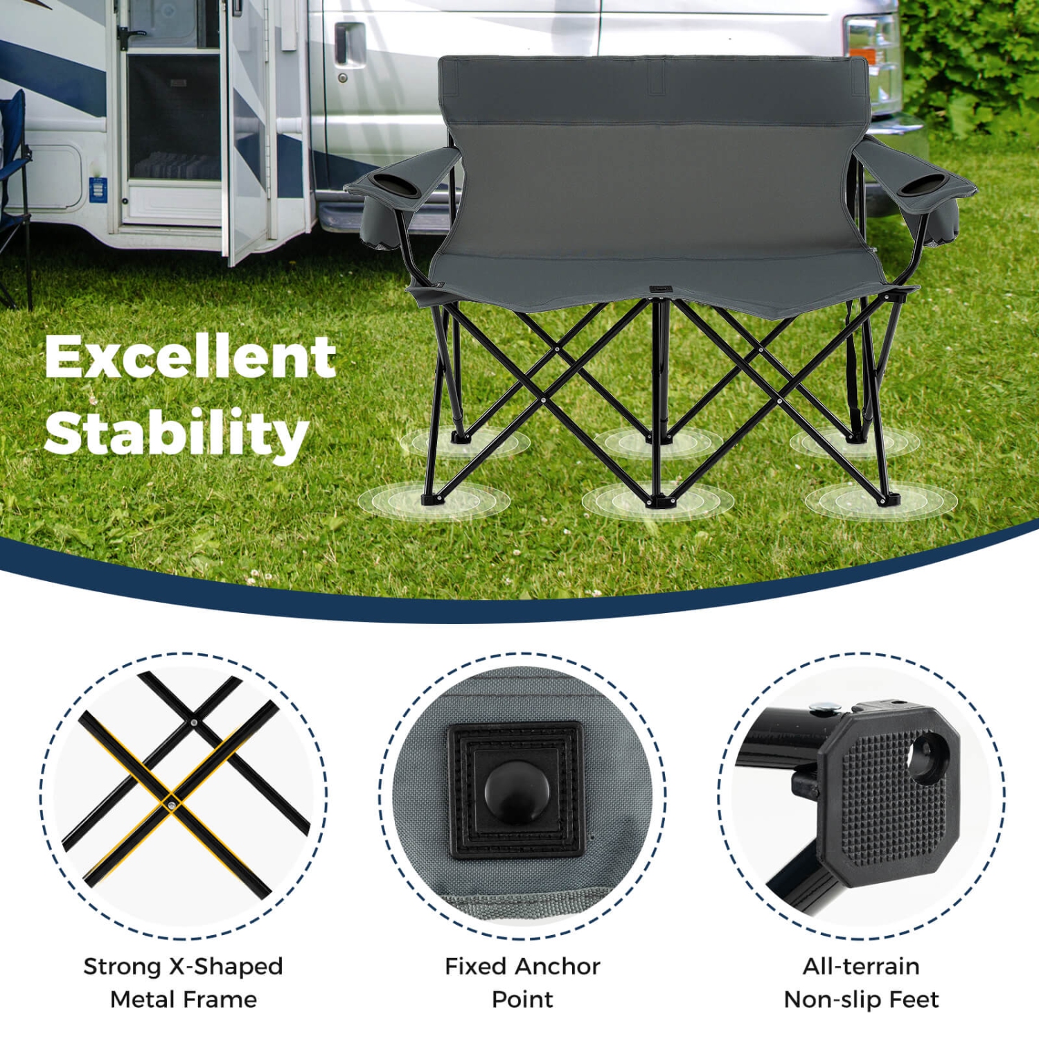 Causeuse pliante extérieure pour 2&nbsp;personnes avec porte-gobelets, accoudoir, sac de transport