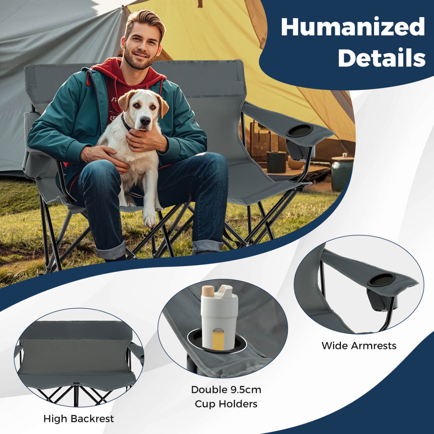 Causeuse pliante extérieure pour 2&nbsp;personnes avec porte-gobelets, accoudoir, sac de transport