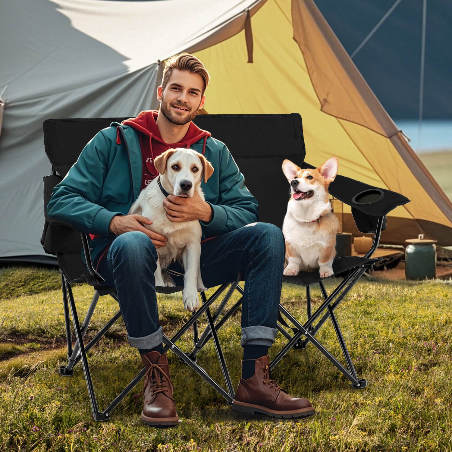 Causeuse pliante extérieure pour 2&nbsp;personnes avec porte-gobelets, accoudoir, sac de transport