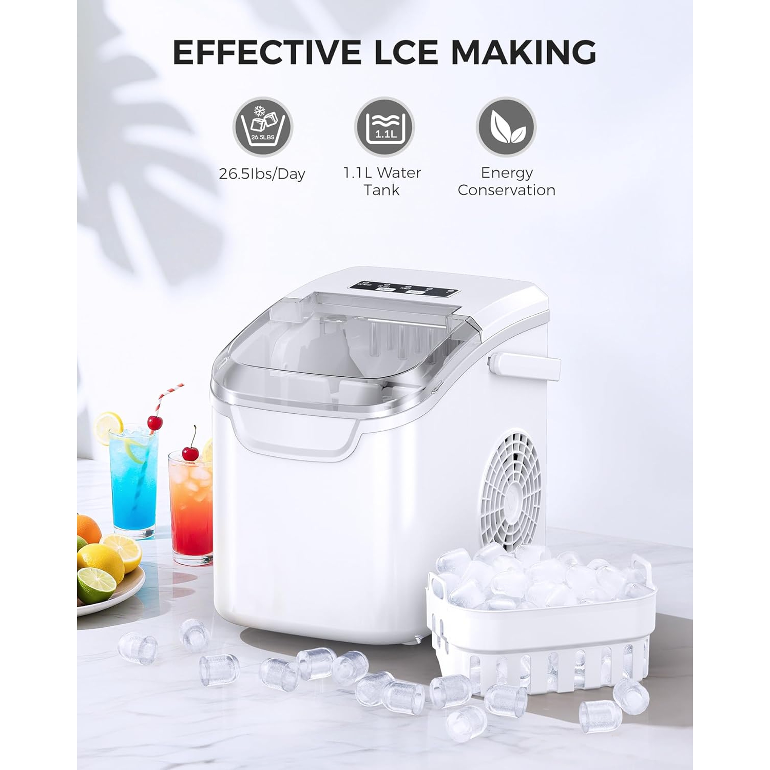 ZAFRO Ice Maker Countertop, Portable Ice Machine with Self-Cleaning, 26.5 lbs/24Hrs, 8 Ice Cubes in 6 Mins, Ice Basket and Scoop, Ideal for Home,
