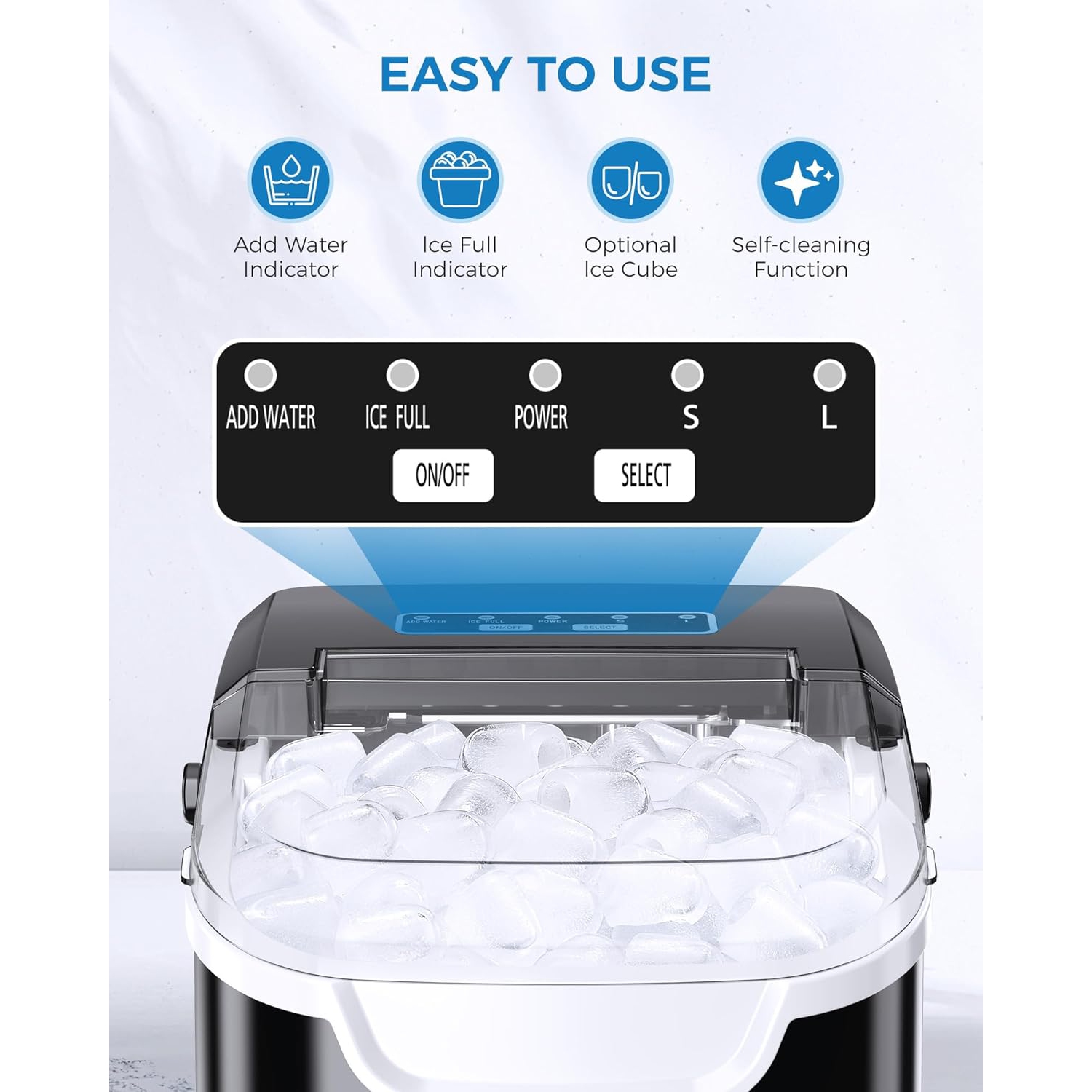 ZAFRO Ice Maker Countertop, Portable Ice Machine with Self-Cleaning, 26.5 lbs/24Hrs, 8 Ice Cubes in 6 Mins, Ice Basket and Scoop, Ideal for Home,