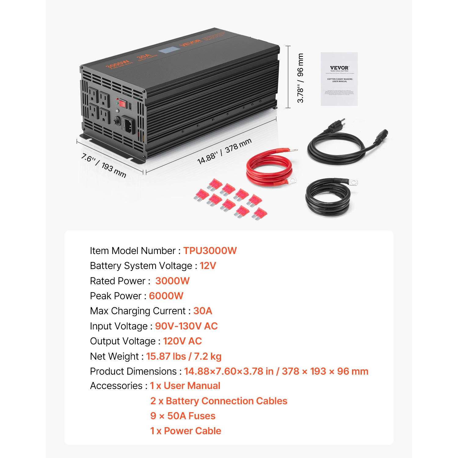 VEVOR 3000W Sump Pump Battery Backup System, Auto Switches to Battery Inverter for Continuous Sump Pump Operation, Pure Sine Wave, LCD Display, for