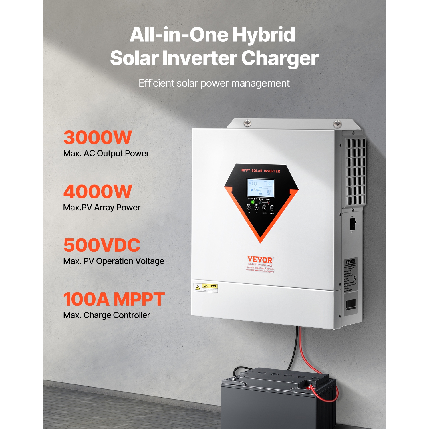 Onduleur solaire hybride VEVOR 3000&nbsp;W, chargeur onduleur continu-alternatif à onde sinusoïdale pure, 24&nbsp;V c.c. à 110/120 V c.a., contrôleur