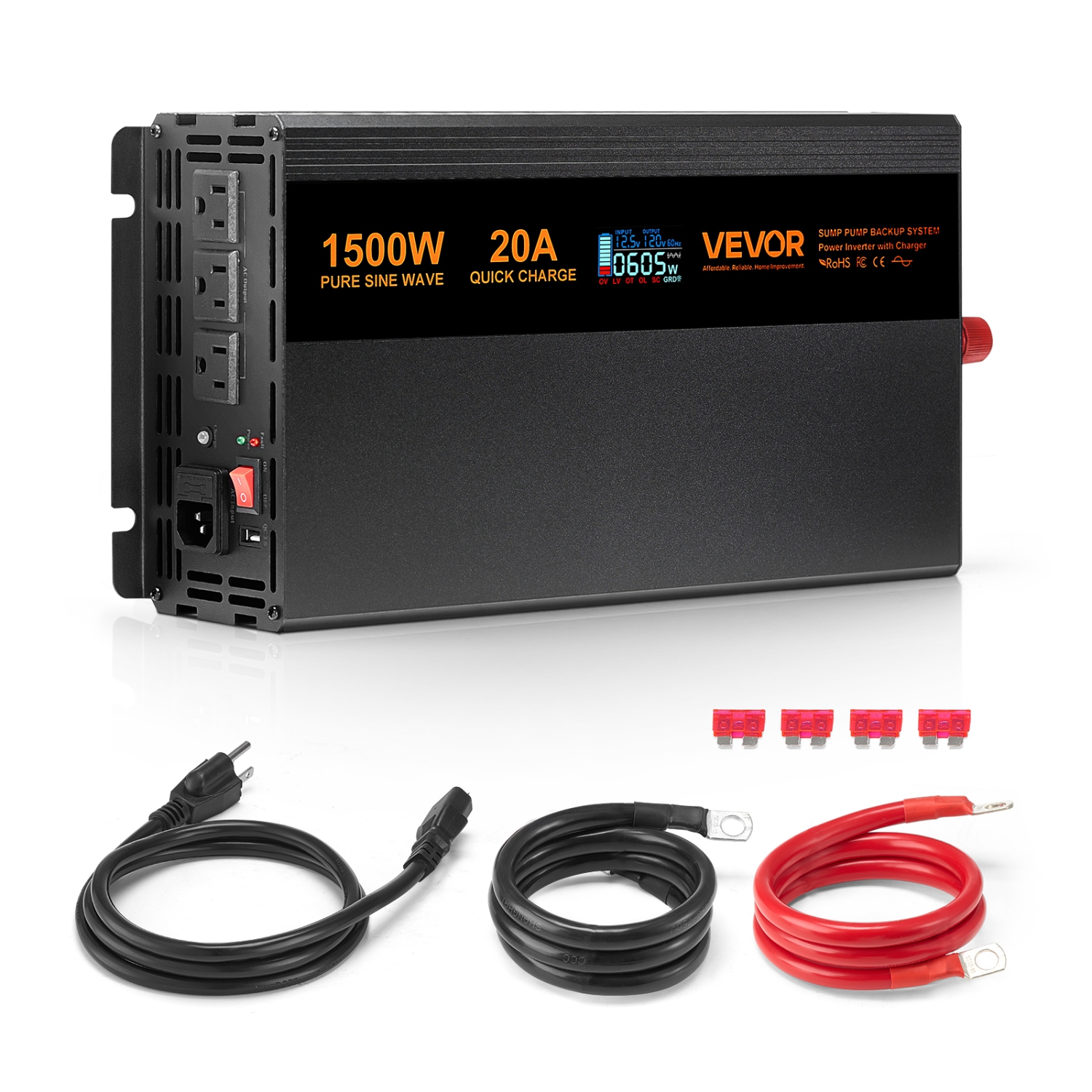 VEVOR 1500W Sump Pump Battery Backup System, Auto Switches to Battery Inverter for Continuous Sump Pump Operation, Pure Sine Wave, LCD Display, for