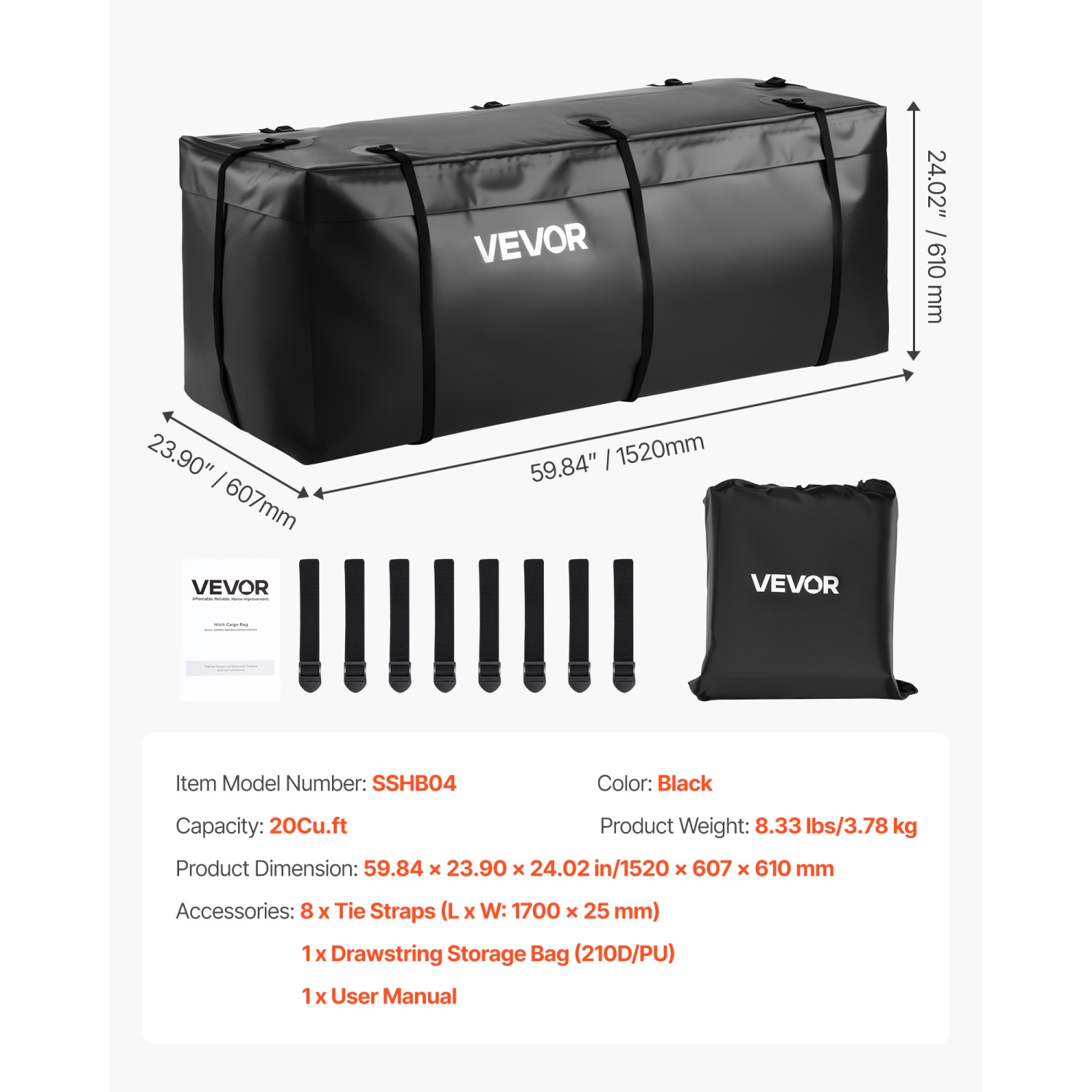 VEVOR 59.84 x 23.9 x 24.02 in Hitch Cargo Carrier Bag, Waterproof 840D PVC,, Heavy Duty Cargo Bag for Truck Bed Storage with 8 Reinforced Straps