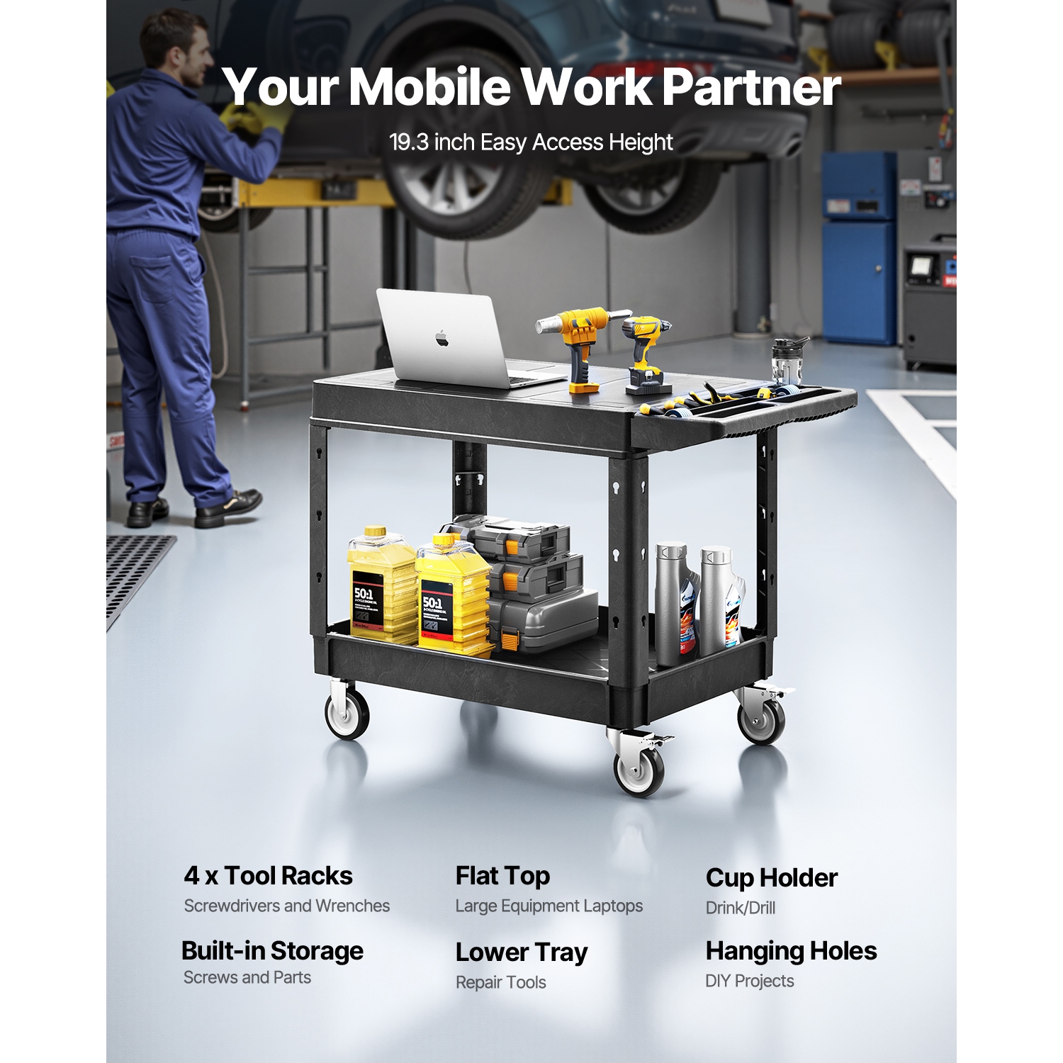 VEVOR 37 x 25.4-inch Utility Cart, 550 lbs Load Capacity, Service Cart, Two-Shelf Heavy Duty Plastic Utility Cart with 360° Swivel Wheels, Suitable