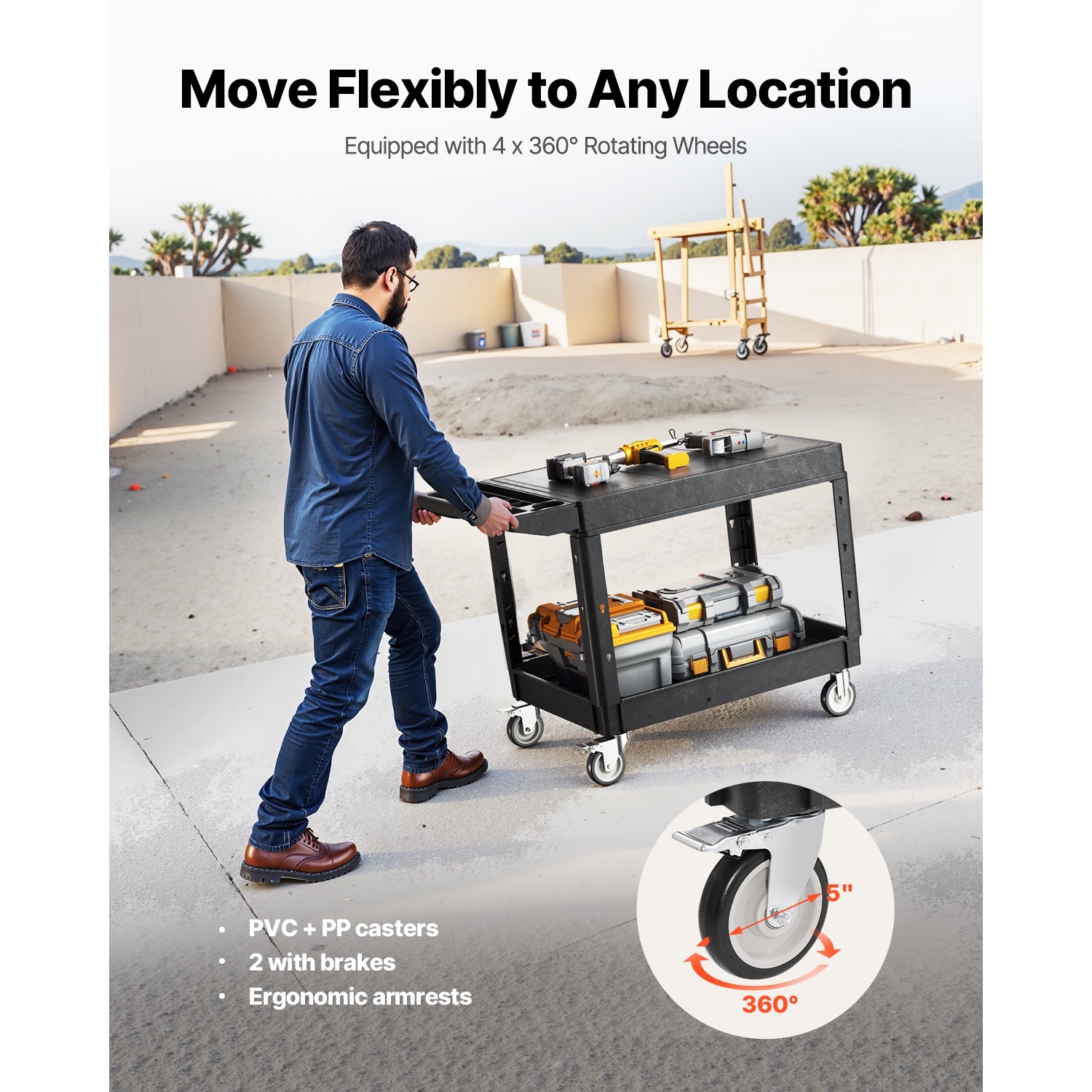 VEVOR 37 x 25.4-inch Utility Cart, 550 lbs Load Capacity, Service Cart, Two-Shelf Heavy Duty Plastic Utility Cart with 360° Swivel Wheels, Suitable