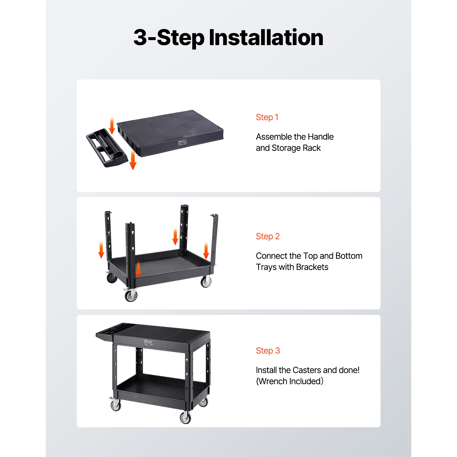 VEVOR 37 x 25.4-inch Utility Cart, 550 lbs Load Capacity, Service Cart, Two-Shelf Heavy Duty Plastic Utility Cart with 360° Swivel Wheels, Suitable