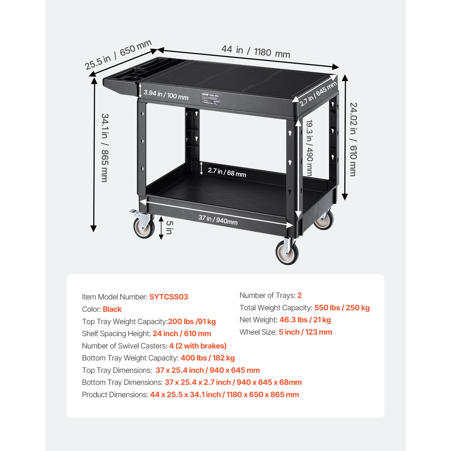 VEVOR 37 x 25.4-inch Utility Cart, 550 lbs Load Capacity, Service Cart, Two-Shelf Heavy Duty Plastic Utility Cart with 360° Swivel Wheels, Suitable