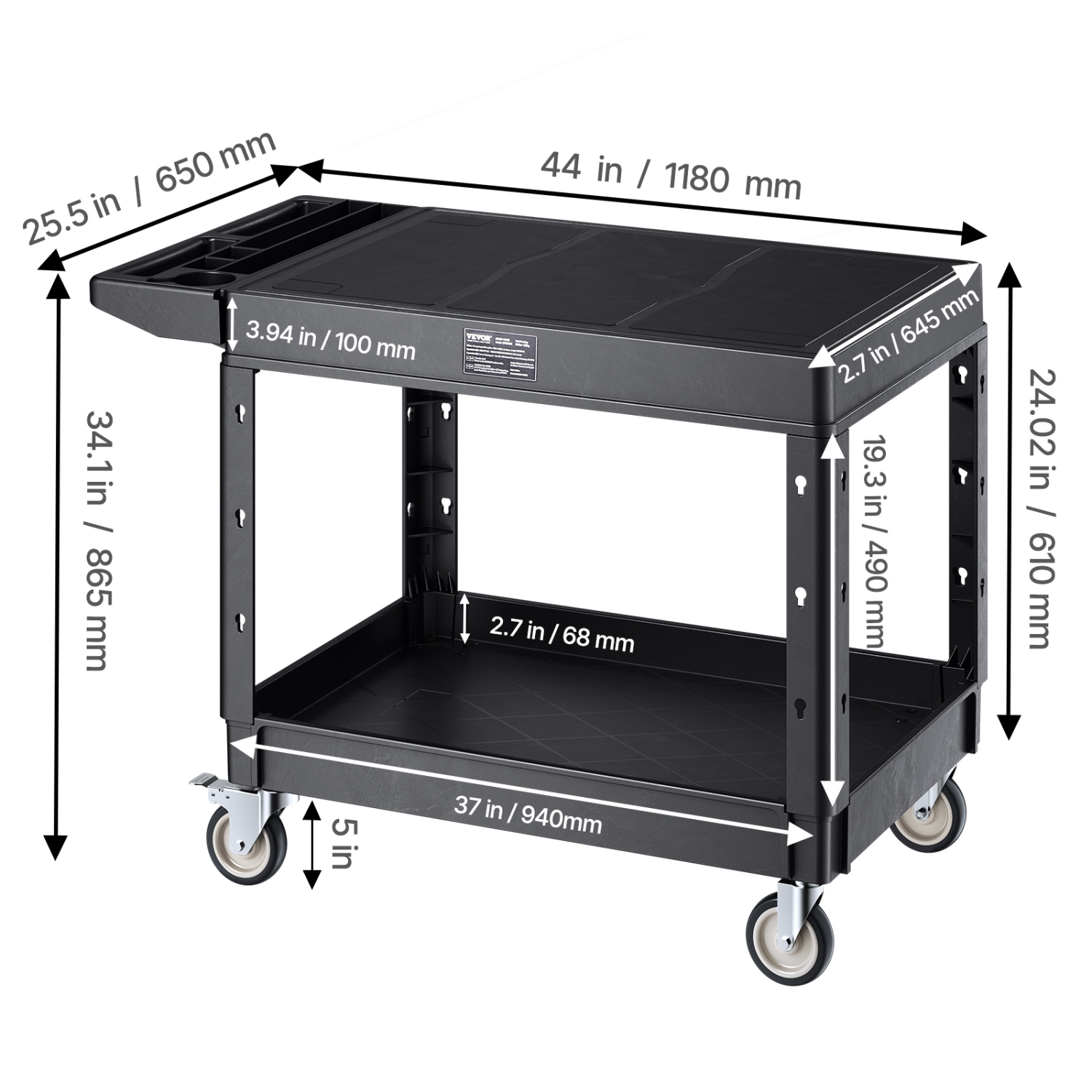 VEVOR 37 x 25.4-inch Utility Cart, 550 lbs Load Capacity, Service Cart, Two-Shelf Heavy Duty Plastic Utility Cart with 360° Swivel Wheels, Suitable