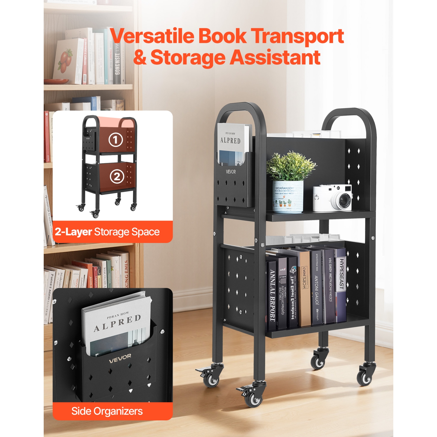 VEVOR 17.7 x 13.0 x 34.6-Inch Rolling Library Book Cart,150 lbs Capacity, Library Cart, Double Sided L-Shaped Shelves with 2-Inch Lockable Wheels,